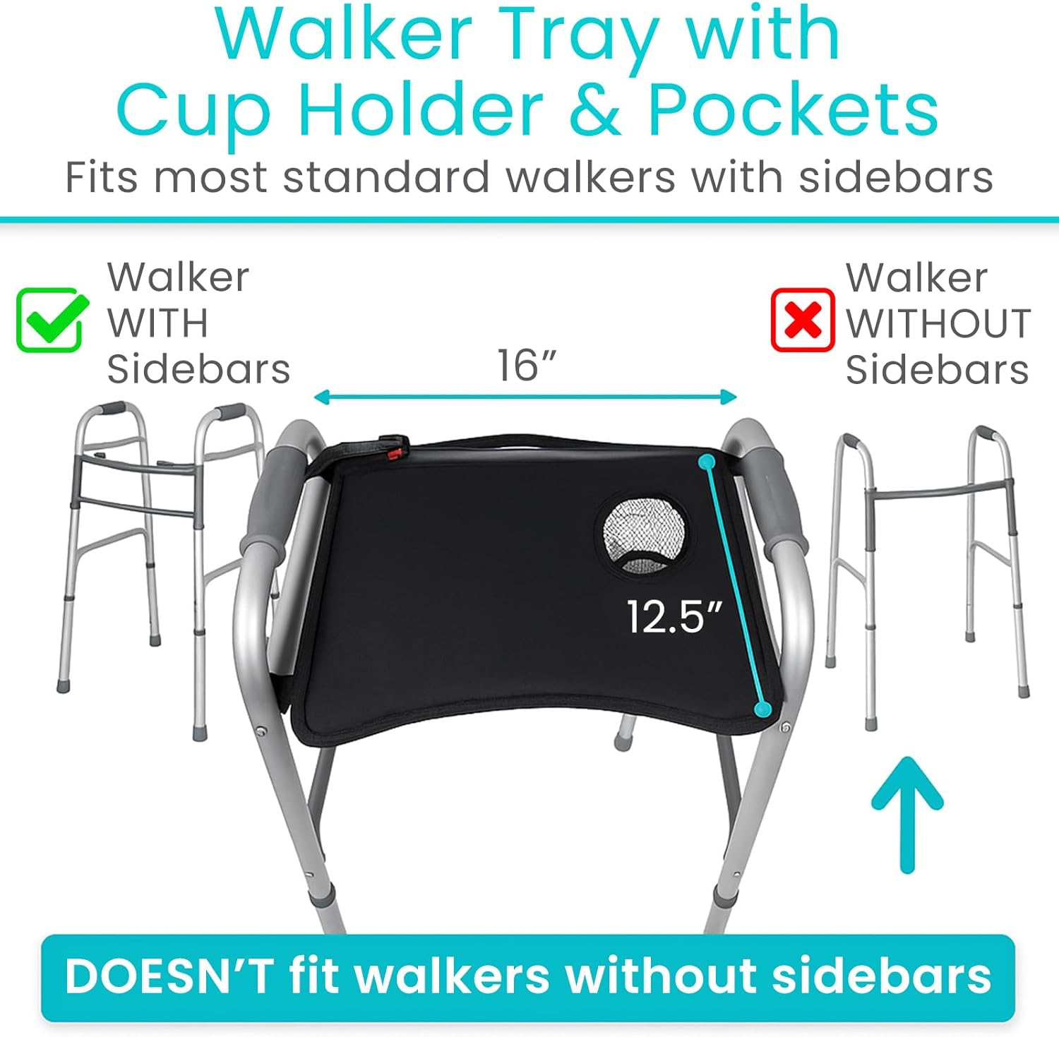 Vive Walker Tray for Folding Walker - (w/Cup Holder & Pockets) - Adult Mobility Accessories - Fits Standard Walkers - Medical Table for Seniors Non Slip Mat for Food - Removable & Easy Assembly