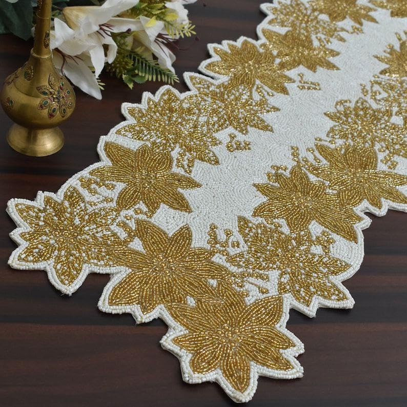 Image of Beaded Table Runner Cream Gold Elegant Handcrafted Decor Pack of 1 | 13 x 36 Inches | Perfect for Dining, Coffee Tables, Festive Celebrations, Weddings, Home & Office Decoration