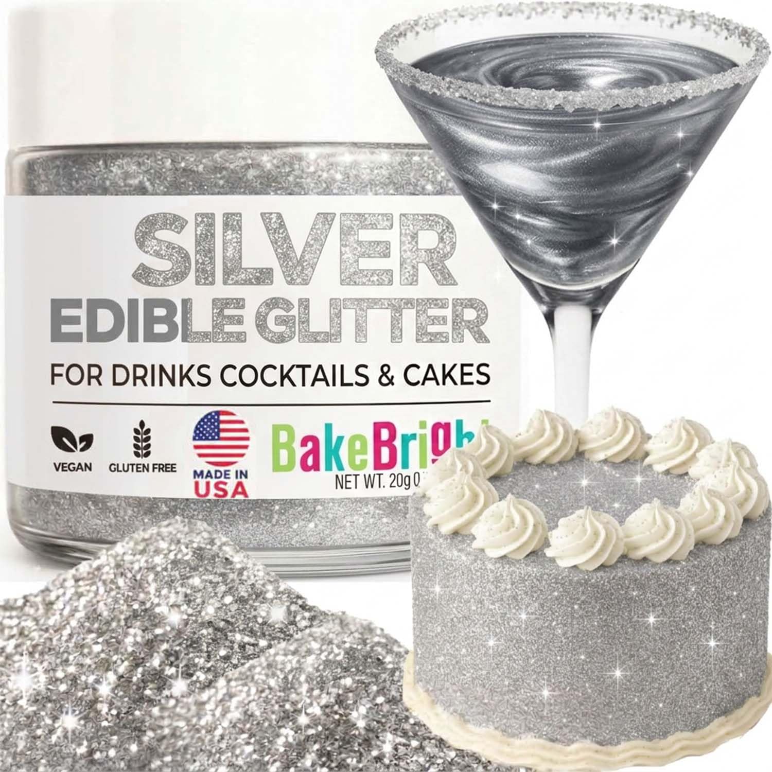 Silver Edible Glitter for Drinks 20g - Silver Edible Glitter for Cakes Cocktails Metallic Cake Decoration Sprinkles - Luster Dust for Cocktail & Cake Topper Chocolate Baking Decorating Fondant Cookies - Drink Shimmer Spray - Food Grade Vegan, Kosher, Halal, Gluten Free - Made in USA