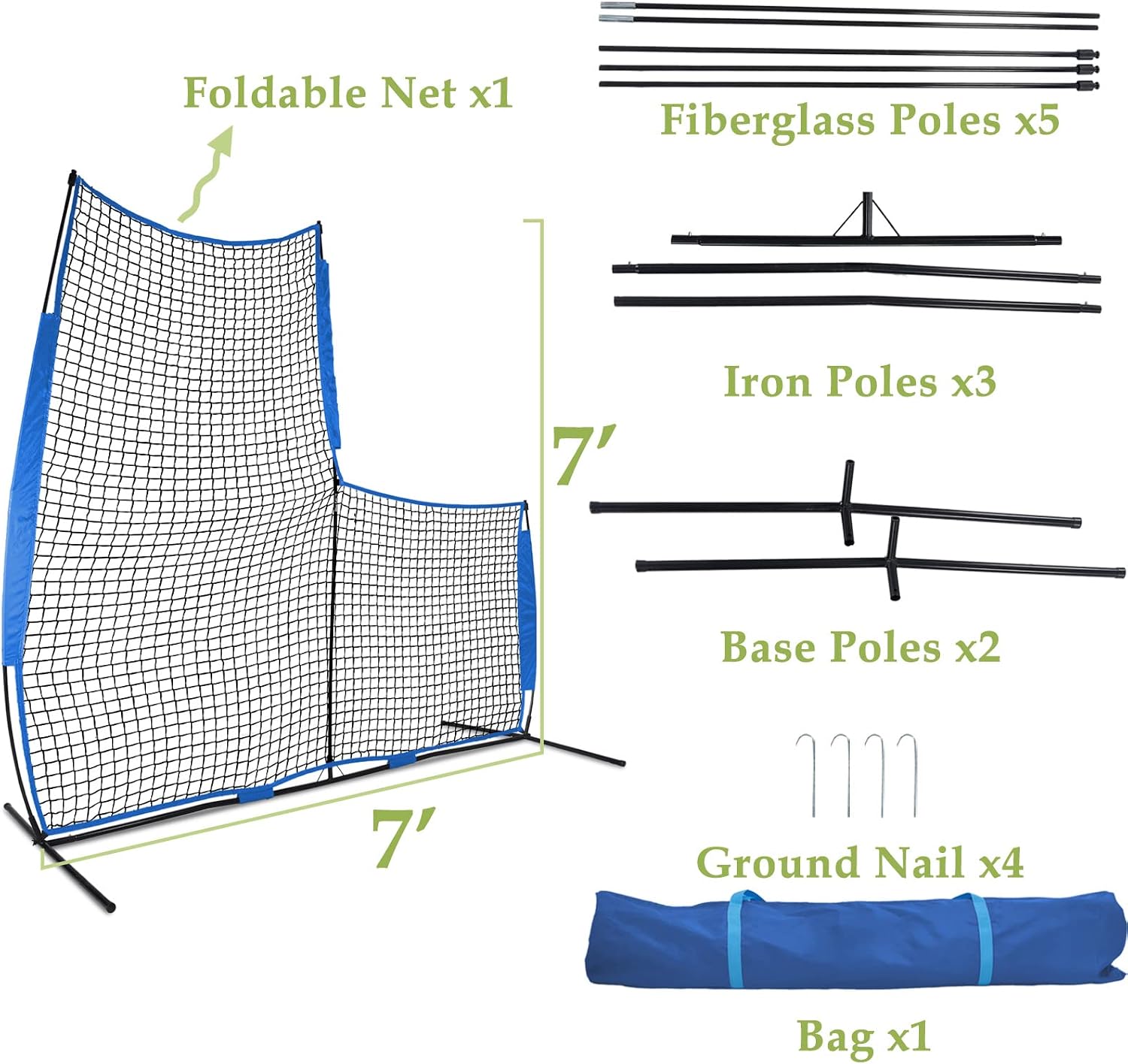 Portable L Screen Baseball Net - 7x7 ft with Bag | Heavy Duty Steel Frame & Thick Net with Ground Nails for Practice