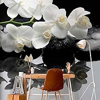 Vista 6 de artgeist Mural de pared prémium Orquídeas blancas Zen 138 x 106 pulgadas, papel tapiz no tejido, decoración de pared de vellón, impresión #04