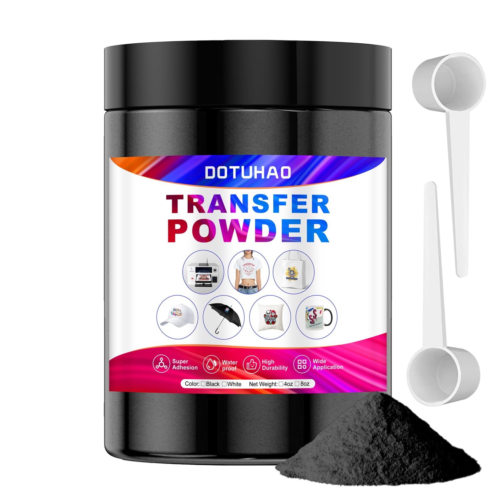 DOTUHAO DTF Powder, Black DTF Transfer Powder, Sublimation Powder with 2 Spoon for Colored Garments, DTF Hot Melt Adhesive Powder for All DTF and DTG