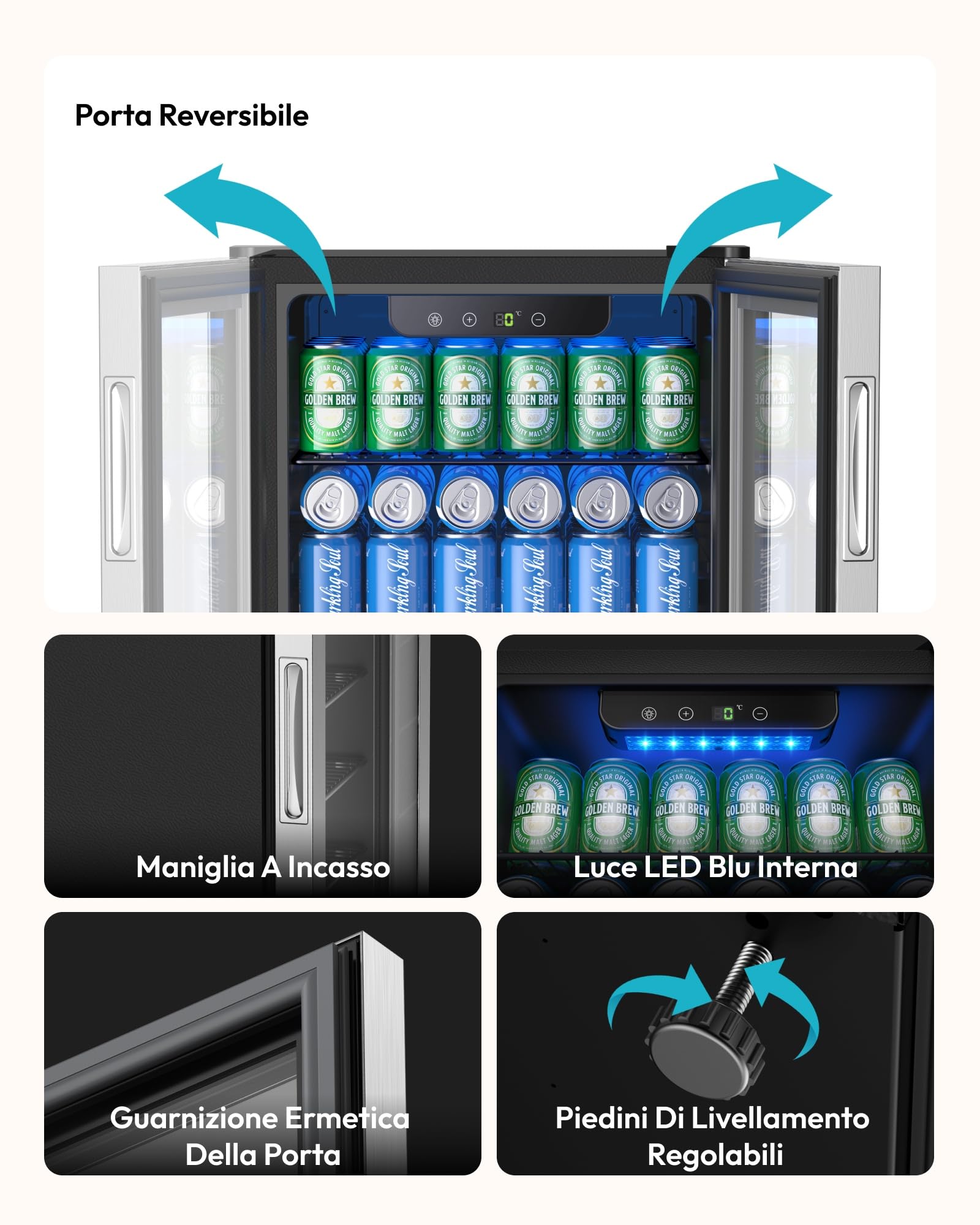 EUHOMY Frigorifero per bevande, mini frigo per 126 lattine con porta in vetro, piccolo frigorifero con ripiani regolabili per limonata, birra o vino, perfetto per casa/bar, ufficio, argento, acciaio