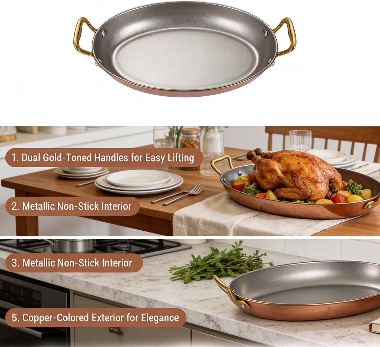 Premium Paella Pan with Gold Handles & 4-piece Flatware Set, Induction & Gas Compatible Skillet for Perfect Paella, Risotto & More - Double Ears Design