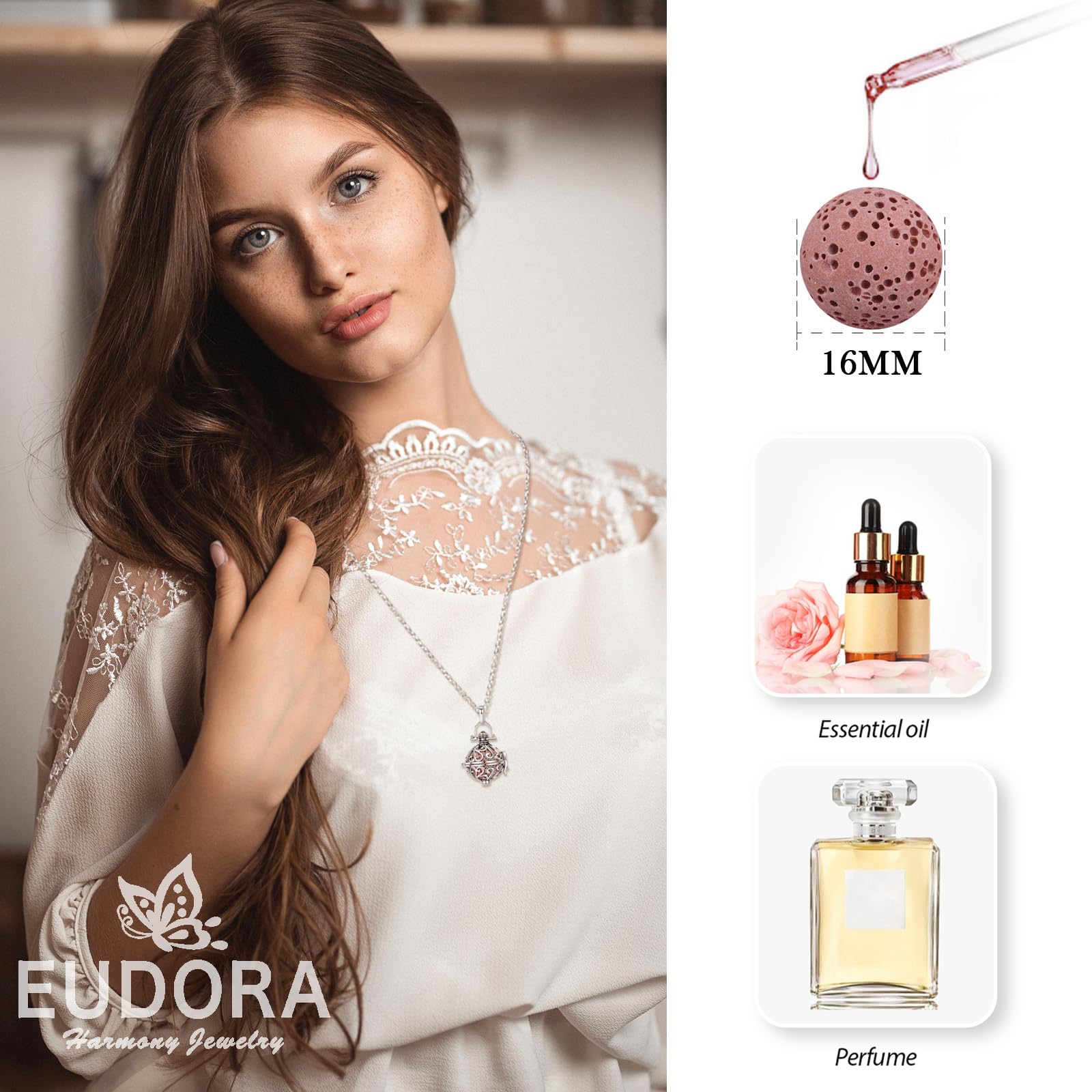EUDORA Harmony Ball Aromaterapia Collana Donna Diffusione Aroma Collane Donna Aroma Olio Diffusore Ciondolo Gioielli Yoga Regali per Donne Madre con Pietra Lavica 7PCS, 24"