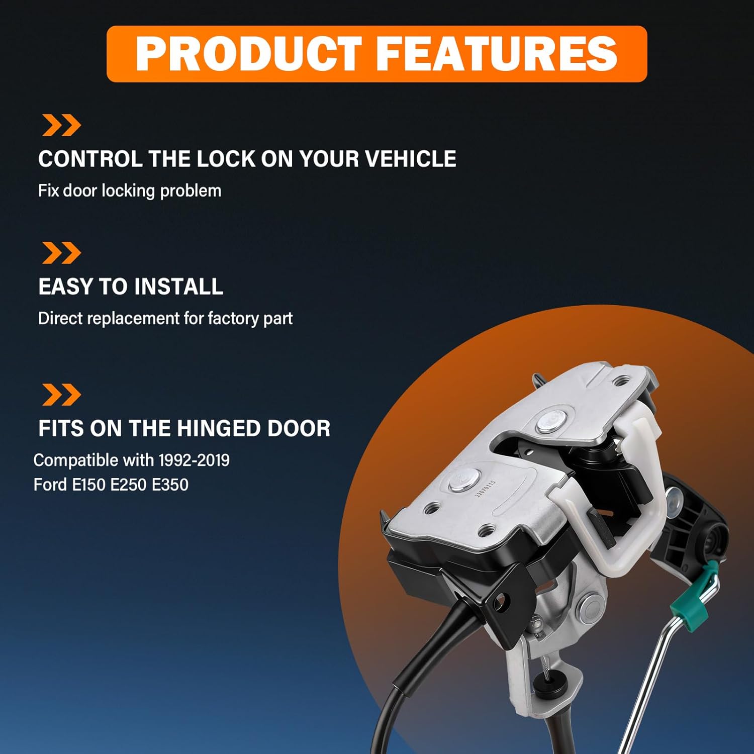 Yinlowa Right Side Hinged Door Latch Assembly with Cable & Rod for 1992-2019 Ford E150 E250 E350 Econoline Van, Passenger Side 60% Door, Replaces 8C2Z-15264A00-B, 8C2Z-15264A00-D, 8C2Z15264A00B