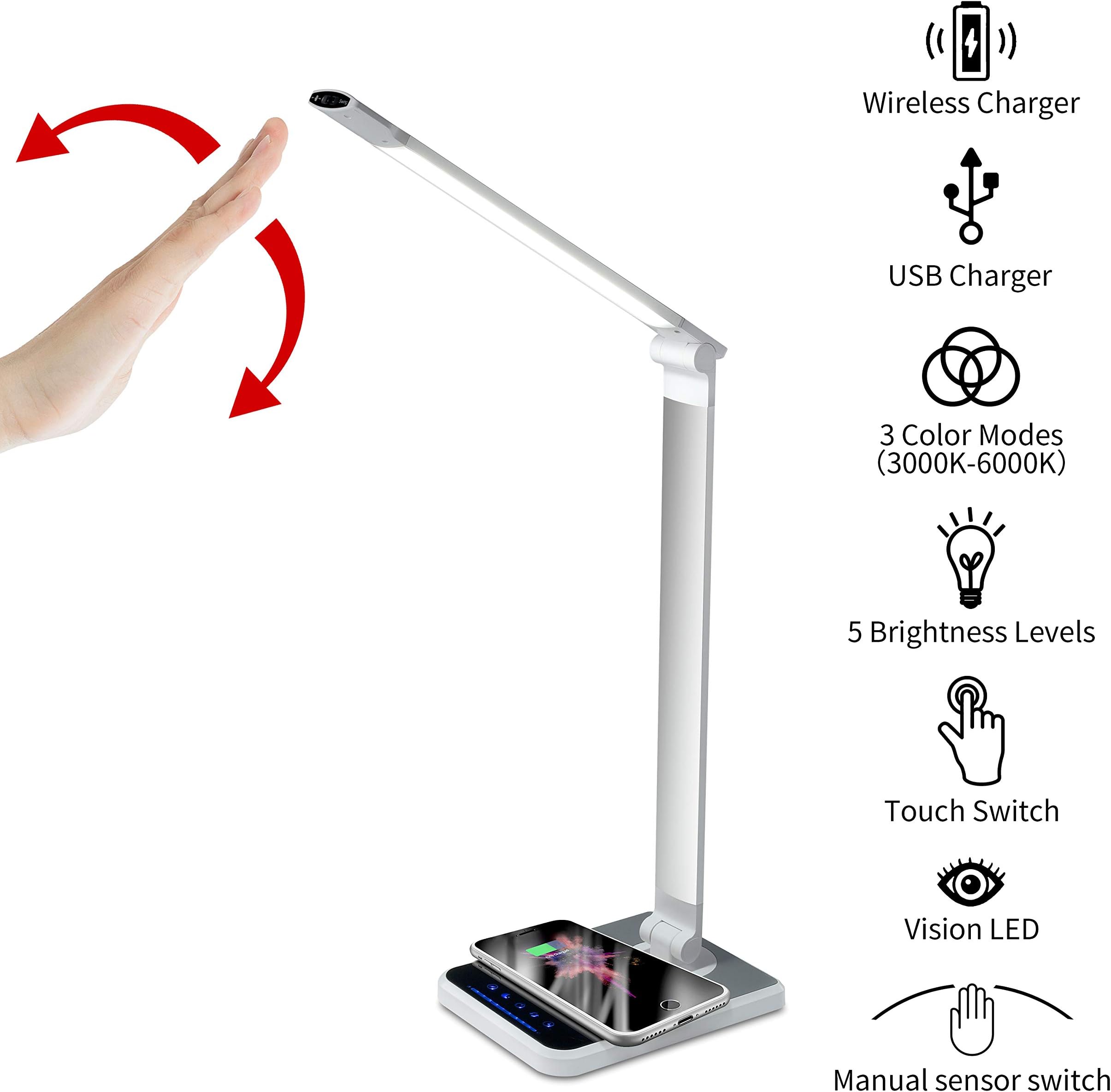 Dimmable LED Desk Lamp,18W Touch-Sensitive Control Eye-Caring Working/Reading Table Lamp, Hand Sweep Sensor Wrieless Charge Desk Lamp,Continuously Dimmable Brightness,Adjustable Arm &Head