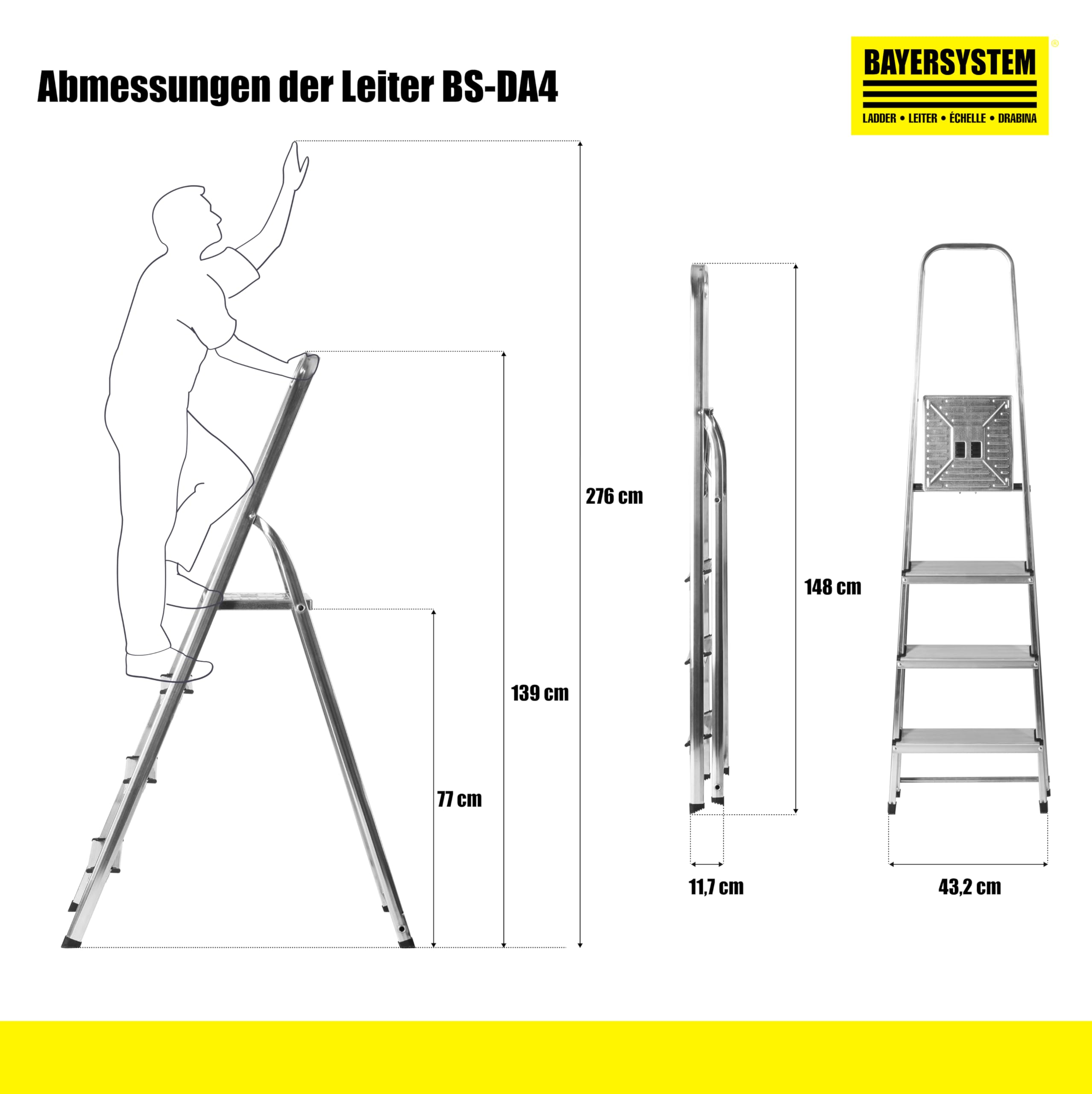 Bayersystem BS-DA4 120 Trittleiter mit 4 Stufen, Aluleiter, bis 120 kg belastbar, max. Arbeitshöhe 2,78 m, Klapptrittleiter mit Handlauf, Anti-Rutsch-Füße, Klapptritt für Haushalt, Silber/Gelb