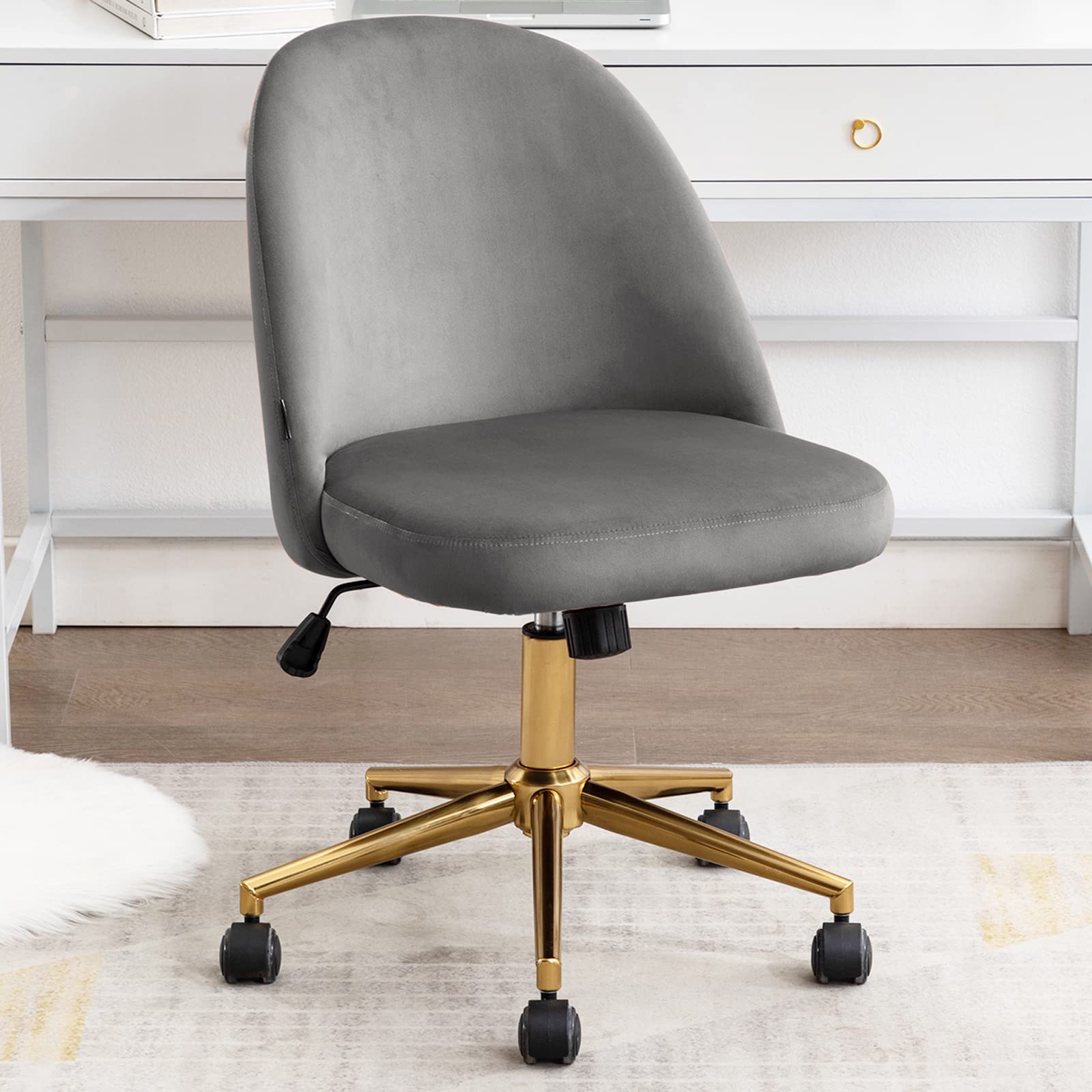 DUHOME Cute Armless Home Office Chair，Swivel Desk Velvet Upholstered Rolling Computer Chair with Backrest Golden Base，Adjustable Vanity Chair with