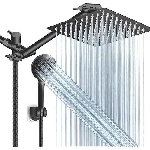 Shower Head Combo, 8 Inch High Pressure Rain with 11 Inch Adjustable Extension Arm and 5 Settings Handheld, Powerful Spray Against Low Water Pressure- Matte Black
