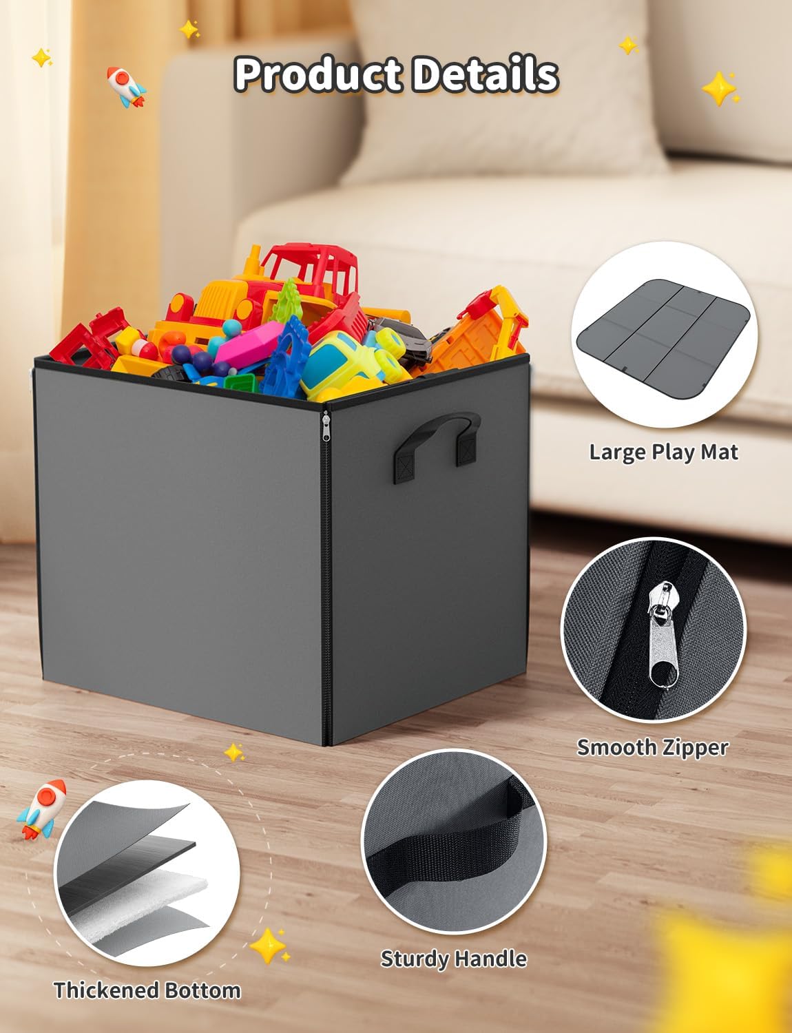 YOHOOLYO 2 In 1 Toy Storage Play Mat, Storage Box for Kids Children Space Adventures Design,Nursery, Playroom, Basket for Building Bricks Blocks Collapsible Cube Bin, 15"×13"×13"