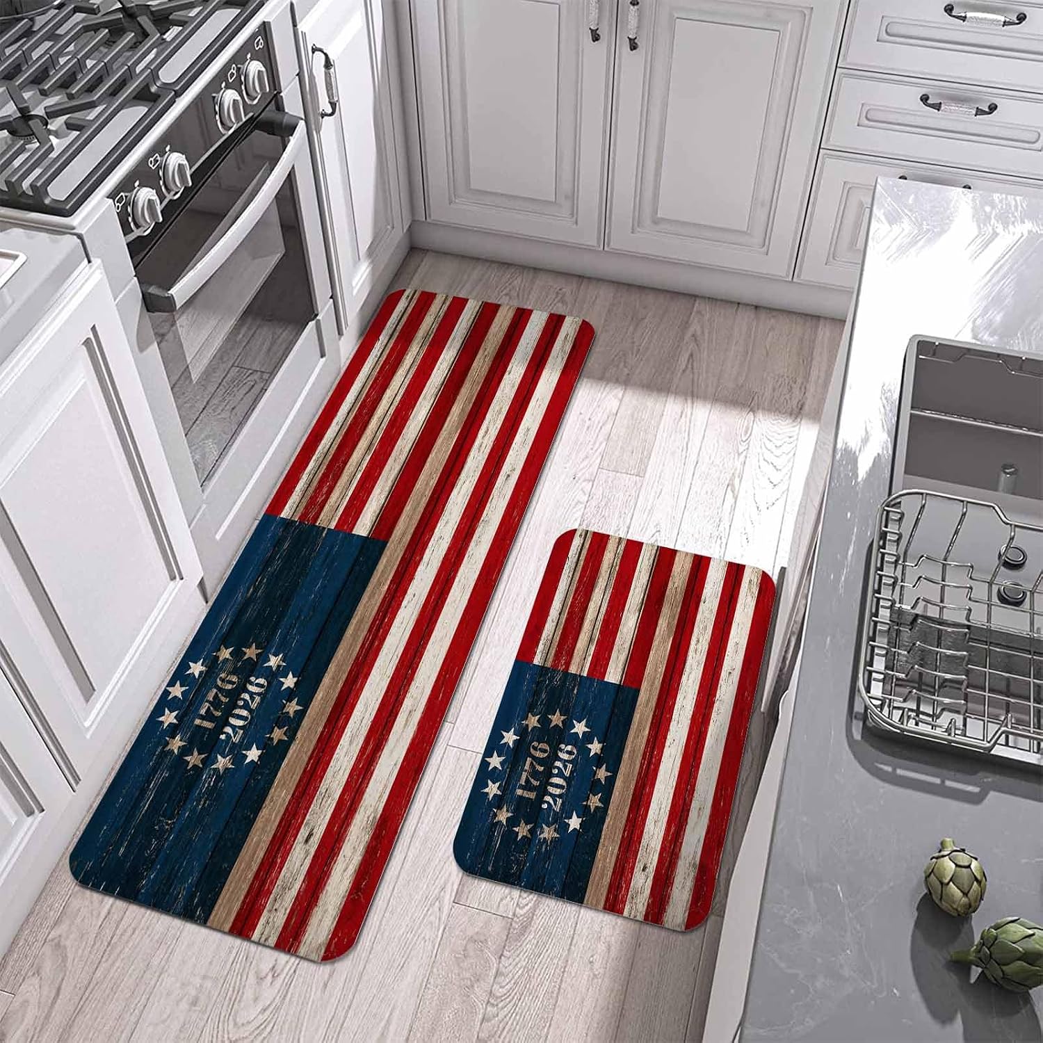 Prime Leader Independence Day Kitchen Mat Set 2 Pieces American Flag Patriotic Red Blue Stripe Star Non Slip Kitchen Rugs Washable Runner Rug Mats for Sink Laundry (19.7" x 31.5"+19.7" x 63")
