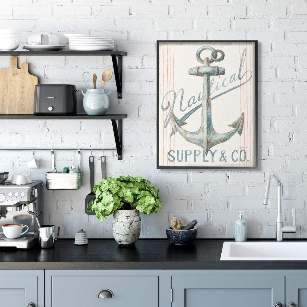 Stupell Industries Boat Anchor Sign Nautical Ocean Pastel Watercolor, Designed by Danhui NAI Wall Art, 24 x 30, Black Framed