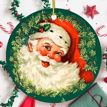 Victorian Santa Round Christmas Ornament Circle/Version 2 Green Background