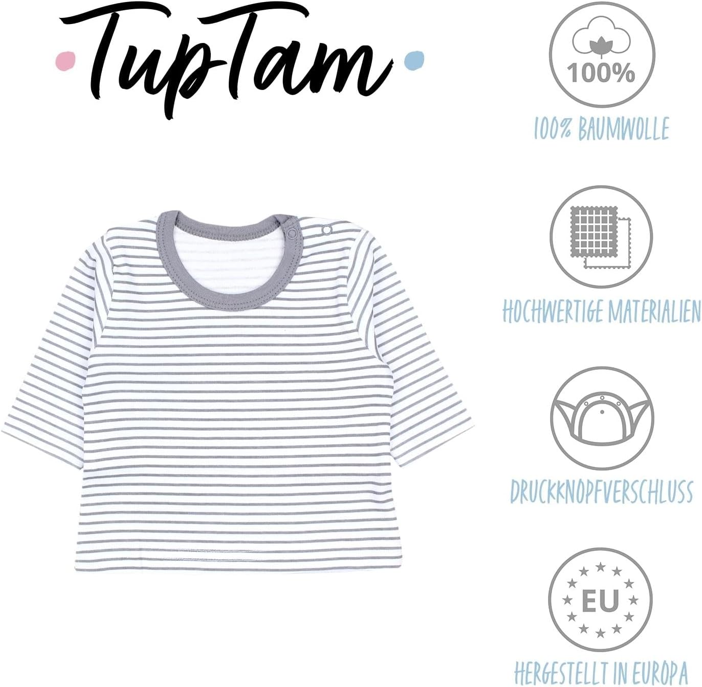 TupTam Baby Boys' Long-Sleeved Shirt, Pack of 5 68 Blue Grey Stripes Plain Mix