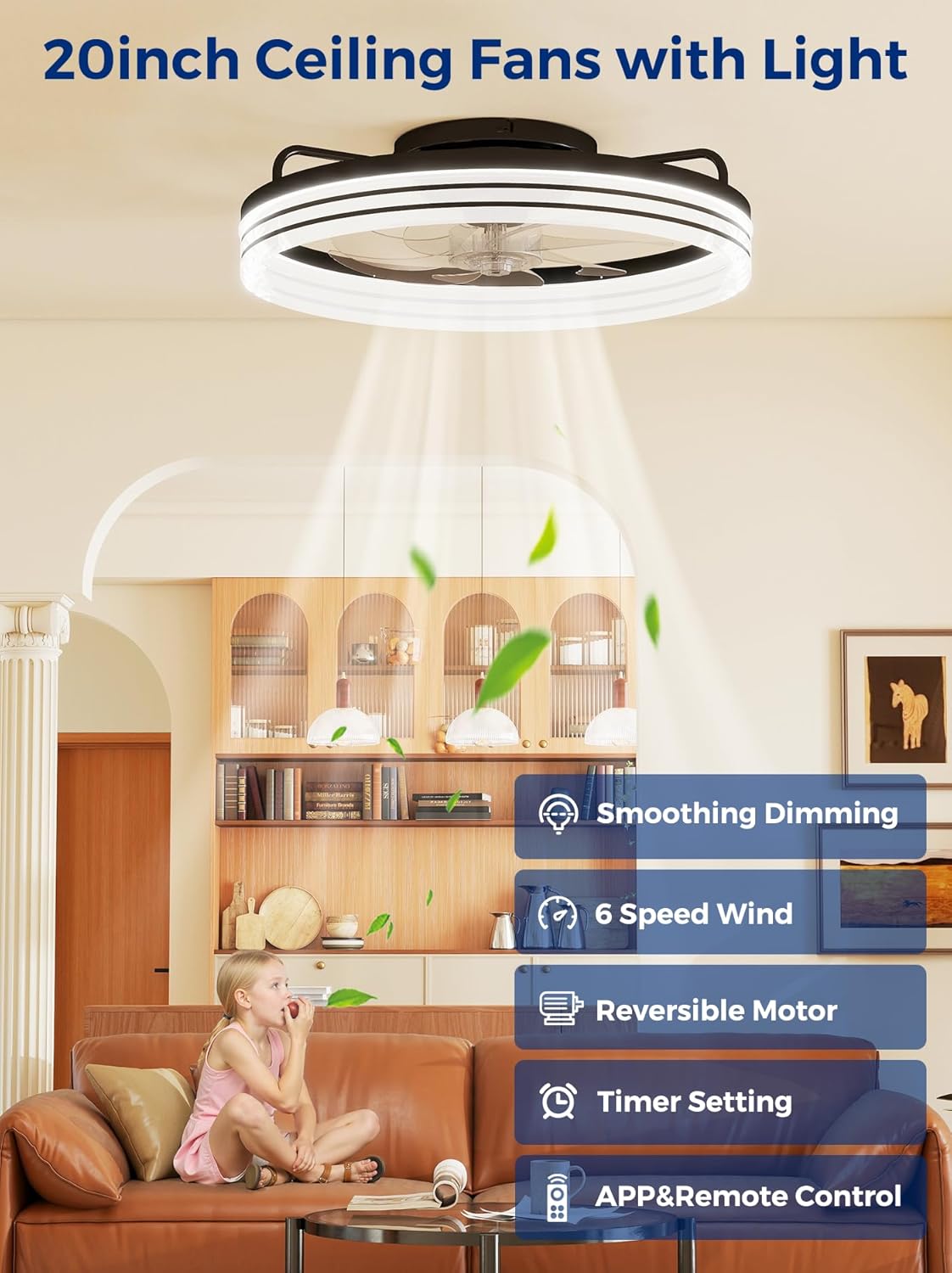 20-Inch Low Profile Ceiling Fan with Lights and Remote Control, Black Modern Flush Mount LED Ceiling Fan, Quiet Fandelier with 6 Wind Speeds, 3000K–6500K Dimmable Lighting for Bedroom