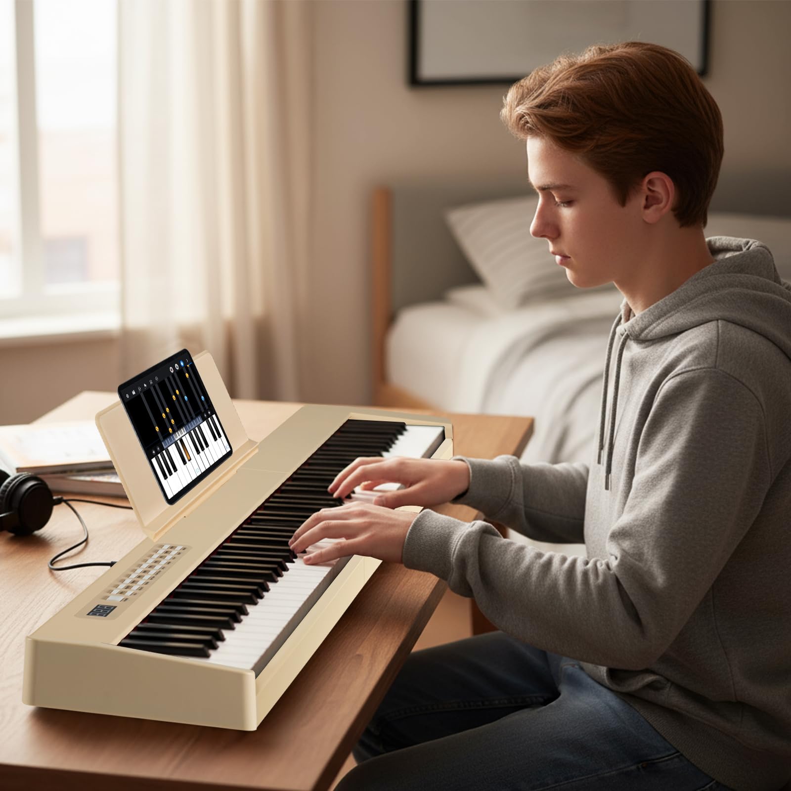 COSTWAY Teclado Plegable de 88 Teclas, Piano Eléctrico Portátil Sensible a la Velocidad, Piano Digital de Tamaño Completo, MIDI, Pedal de Sostenido, Soporte para Música y Bolsa de Transporte (Natural)