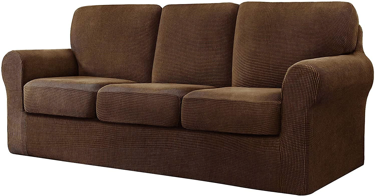 WJHDWYD 7 Pieces Stretch Sofa Cover, Sofa Cover with Three Separate Backs and Cushions with Elastic Band, Checked Spandex Jacquard Fabric(Caffè,3 posti (185-235 cm))