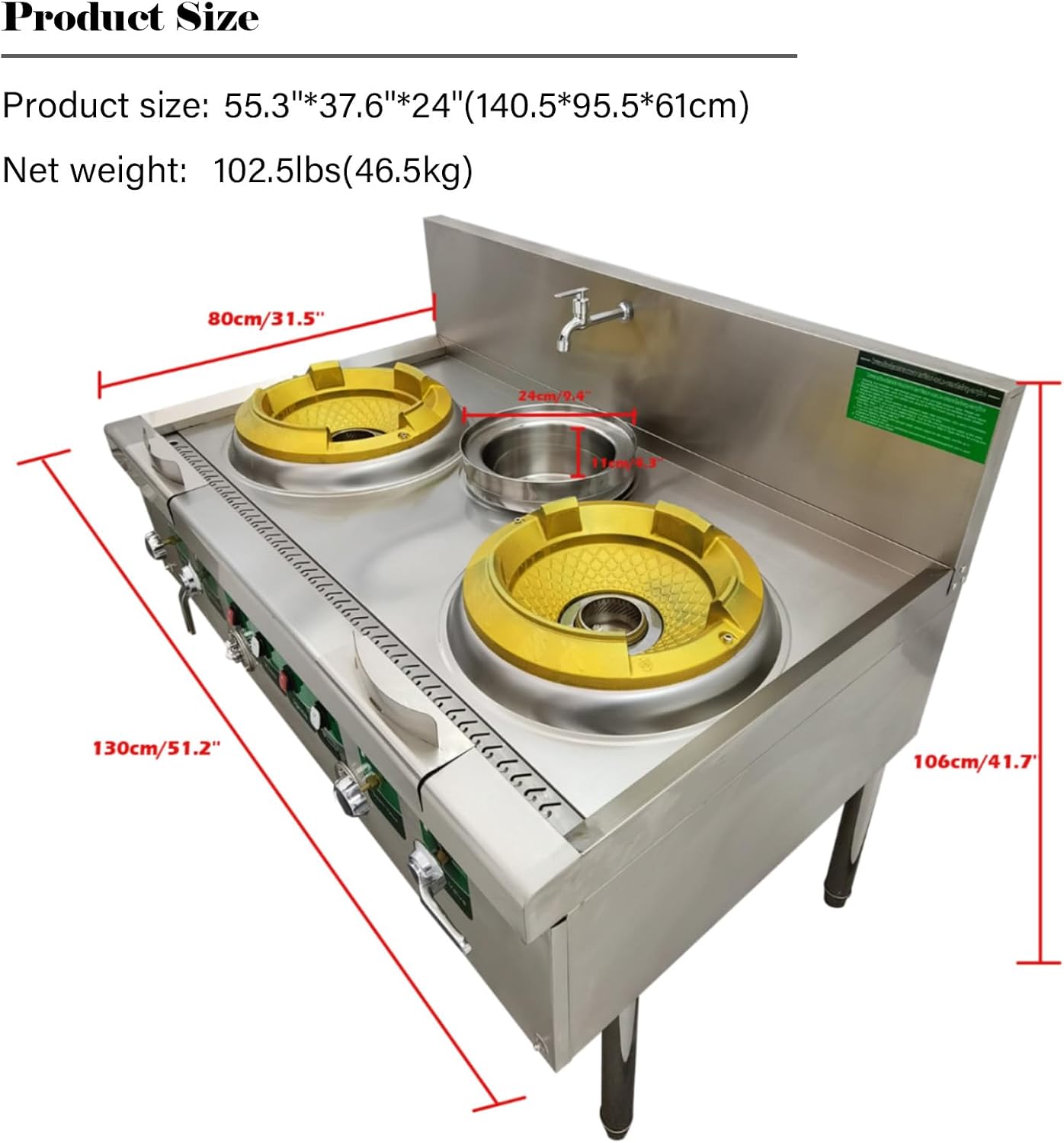 Commercial Gas Ranges, 2 Burners Cooktop, Chinese Gas Stove for NG and LPG, 12.2" Furnace Head, 31.5"x 51.2" Low Pressure Stove with Baffle and Water Basin 110V