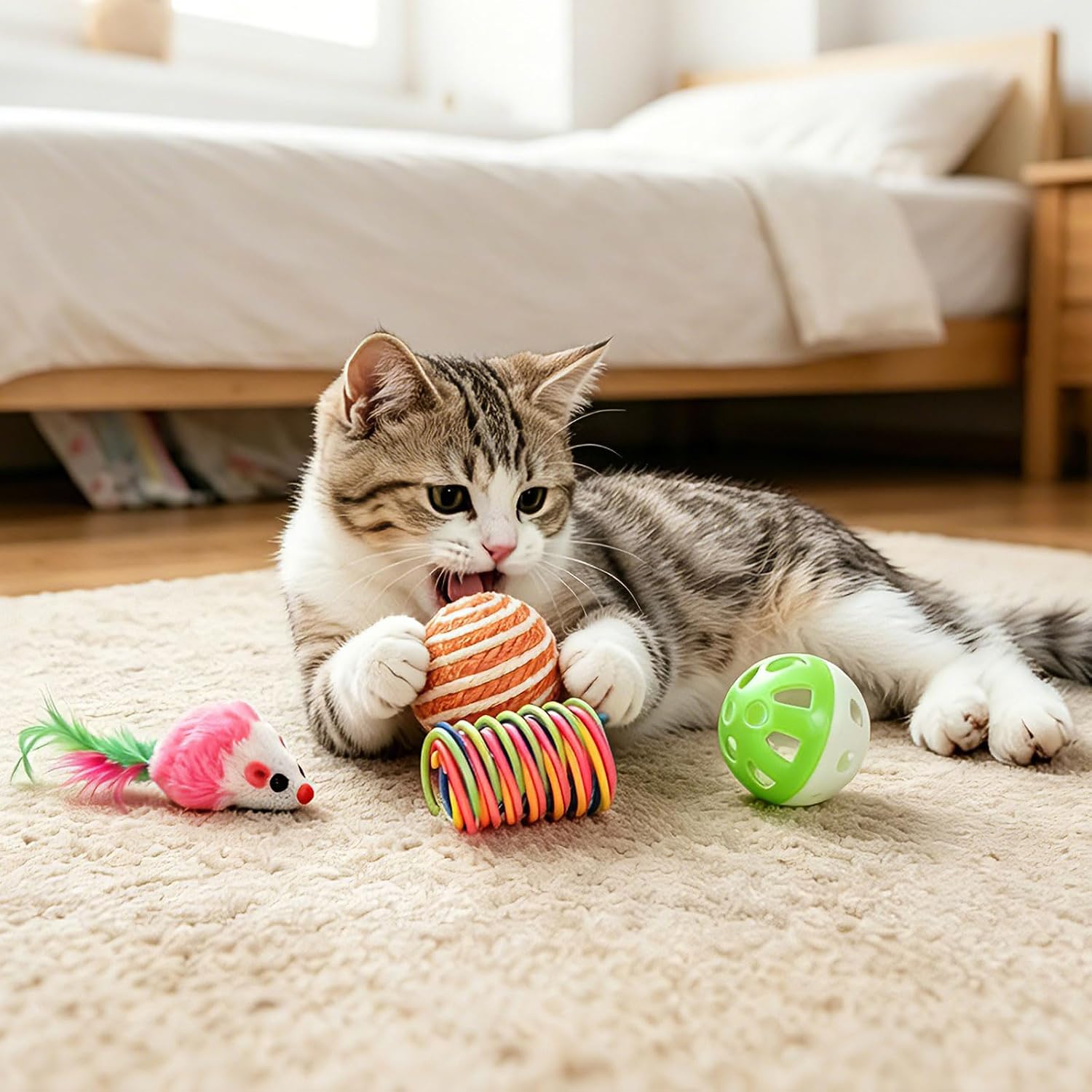 Cat Toys 38 Pack, Kitten & Adult Toys for Indoor Cats | Interactive Cat Toys Variety Pack with Colorful Springs, Mouse Toys, Sisal Balls, Crinkle Balls and Bell Balls thumbnail