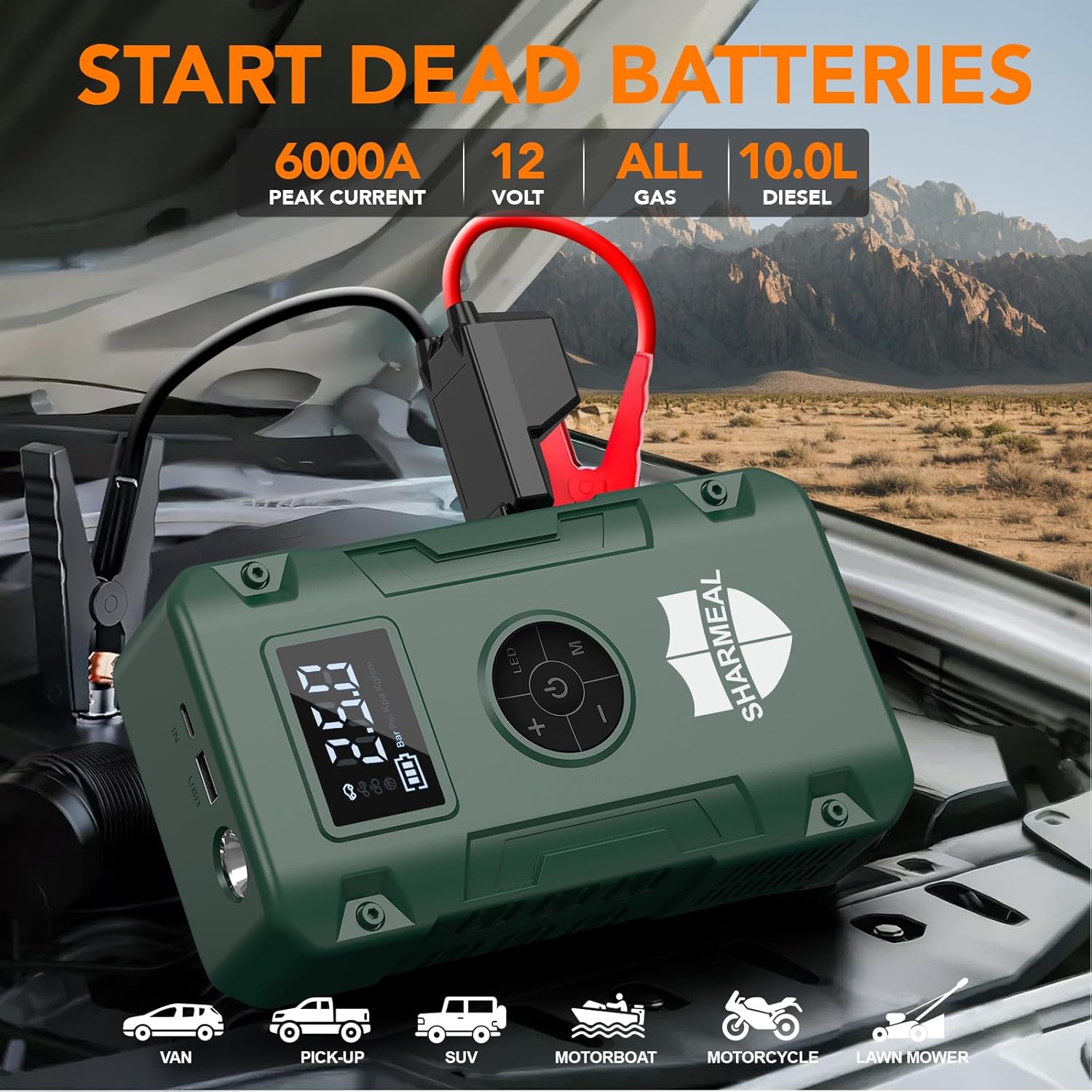 The Sharmeal jump starter connected to a car battery, with text indicating its 6000A peak current, 12V output, and compatibility with all gas or 10.0L diesel engines, suitable for various vehicles like vans, pickups, SUVs, motorboats, motorcycles, and lawn mowers.