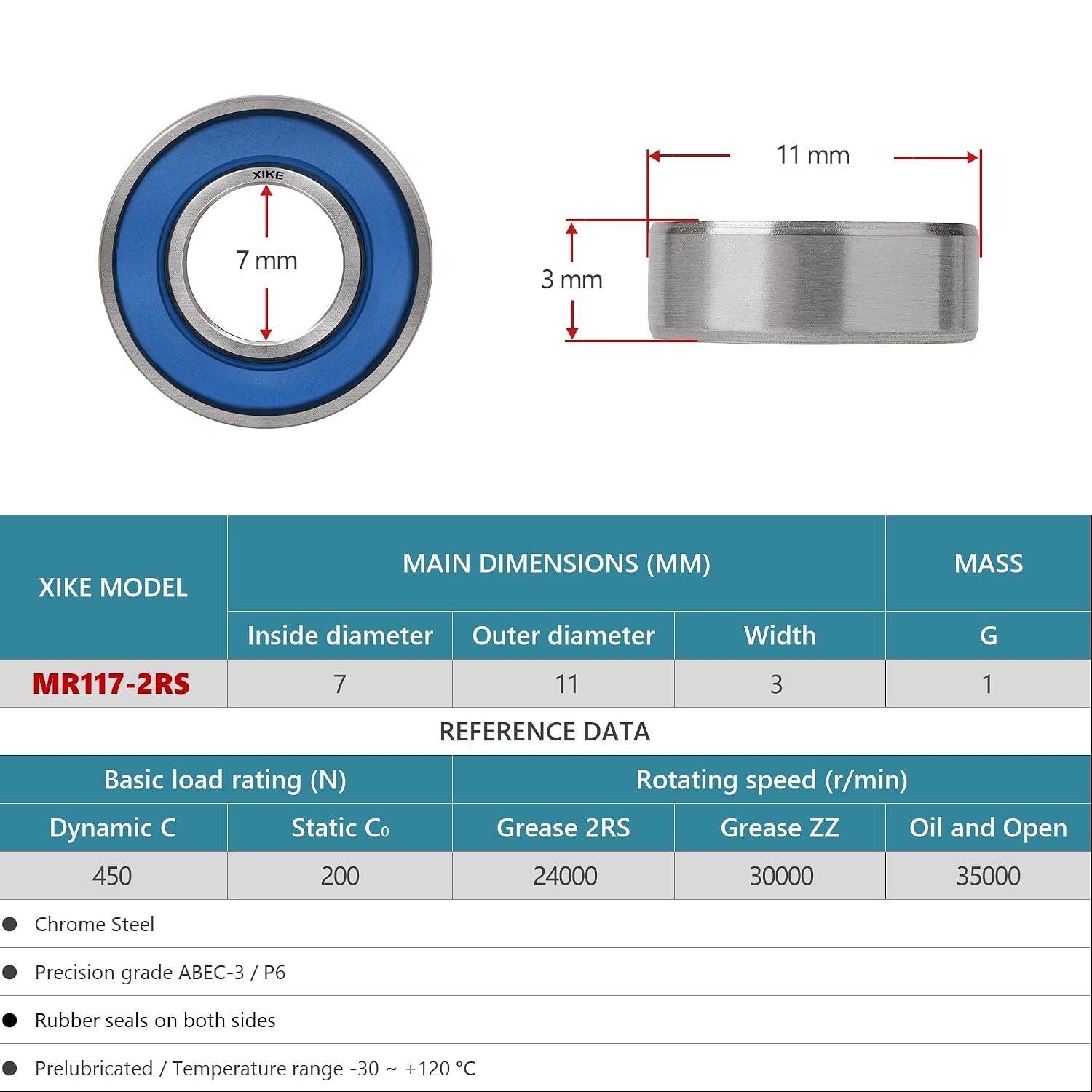 XIKE 10 Pcs MR117-2RS Mini Ball Bearings 7x11x3mm, Bearing Steel and Double Rubber Seals, Pre-lubrication - Image 3