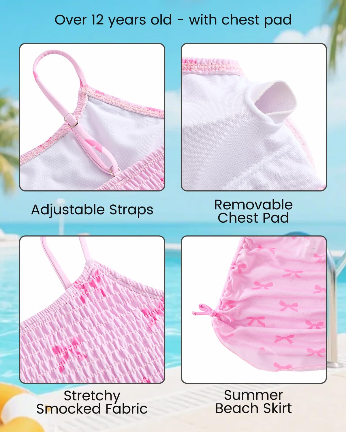 JiAmy Traje de baño de 3 piezas para niñas, estampado fruncido, tirantes ajustables, conjunto de bikini con falda, traje de baño de 7 a 13 años