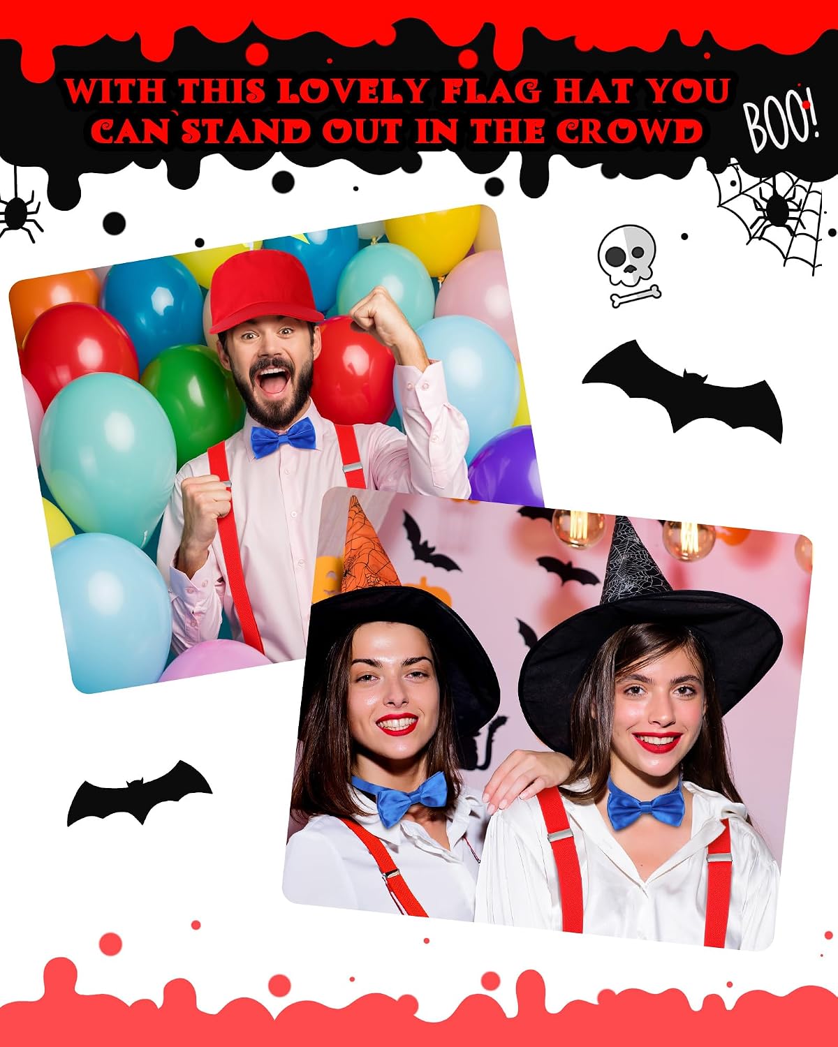 Yahenda 6 Pcs Halloween Costume Set Red Silly Nerd Hat with Flag Adjustable Elastic Y Back Style Suspenders Royal Blue Bow Ties 2 Sets Clown Costume for Couples Halloween Cosplay Outfit for Men Women