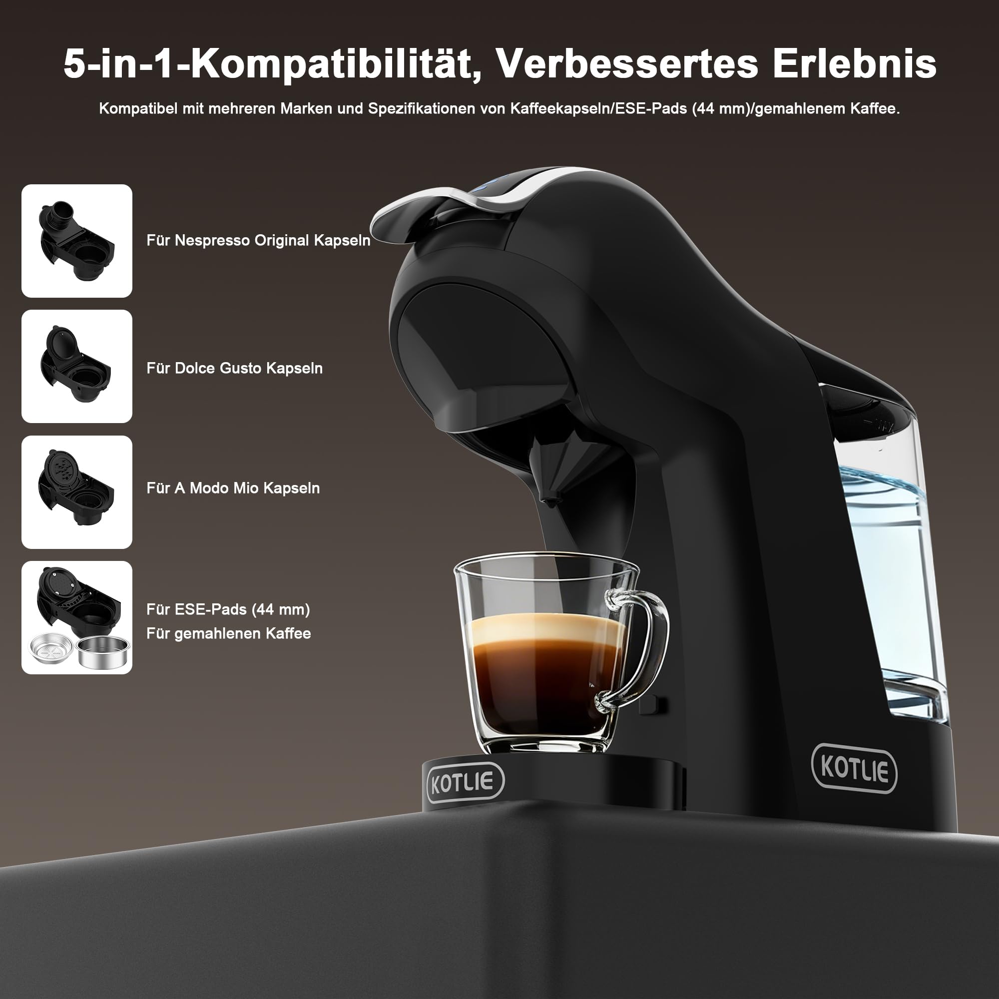 KOTLIE 308B Kapselkaffeemaschine, für NES/DG/MIO/Pulver & ESE(44mm),Schwarz | Kompatibel mit NES Original/DG*/Mio* Kapseln, Pulver & ESE(44mm). 3 Temperaturen, 7 Wassermengen.