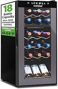 NutriChef 18 Bottle Dual Zone Wine Fridge, Adjustable Temperature 41°F to 64°F, Ultra Quiet, Free Standing, Black