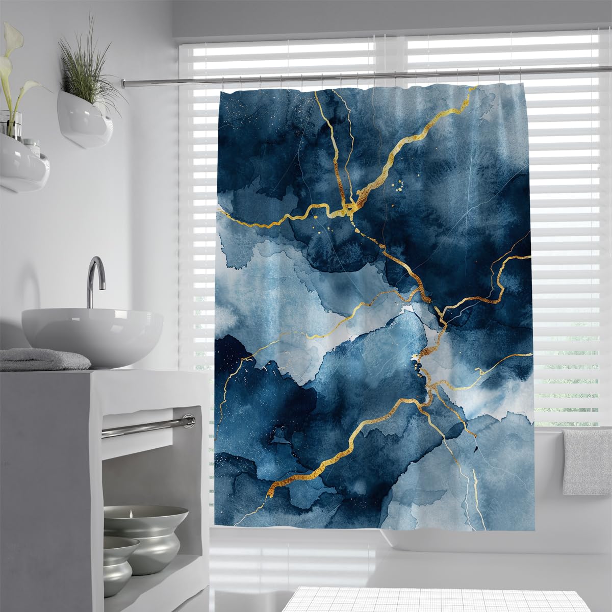 UIRINGART Agate Shower Curtain W150xL200cm Abstract Dark Navy Blue Marble Gold Foil Texture Lines Mildew Mould Resistant Fabric Easy to clean Bathroom Curtains