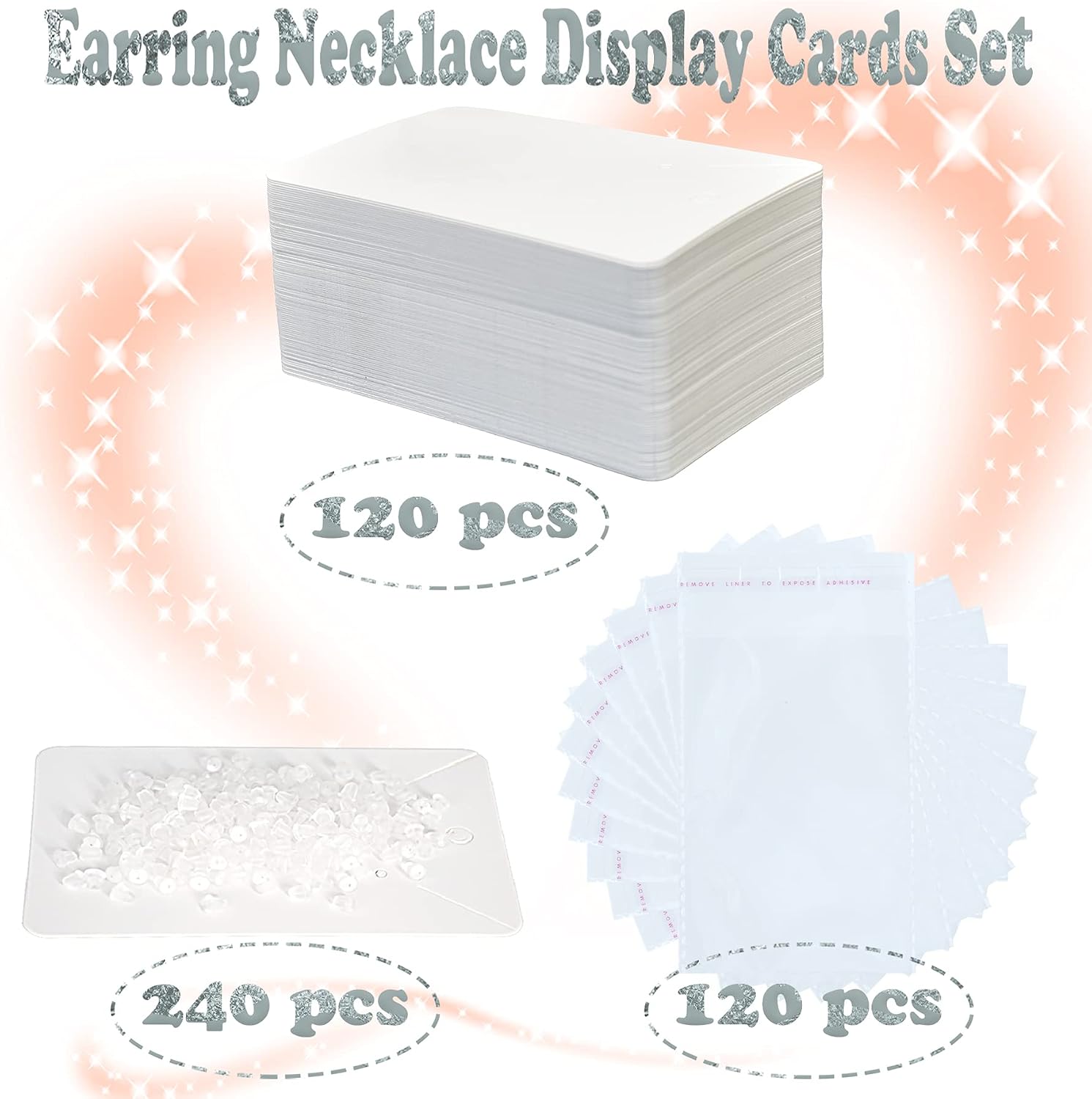 White Earring Display Cards Set | 100 Pcs Earring Card Holder 100 Pcs Self Sealing Bags and 200 Pcs Earring Backs for Earring Necklace Display