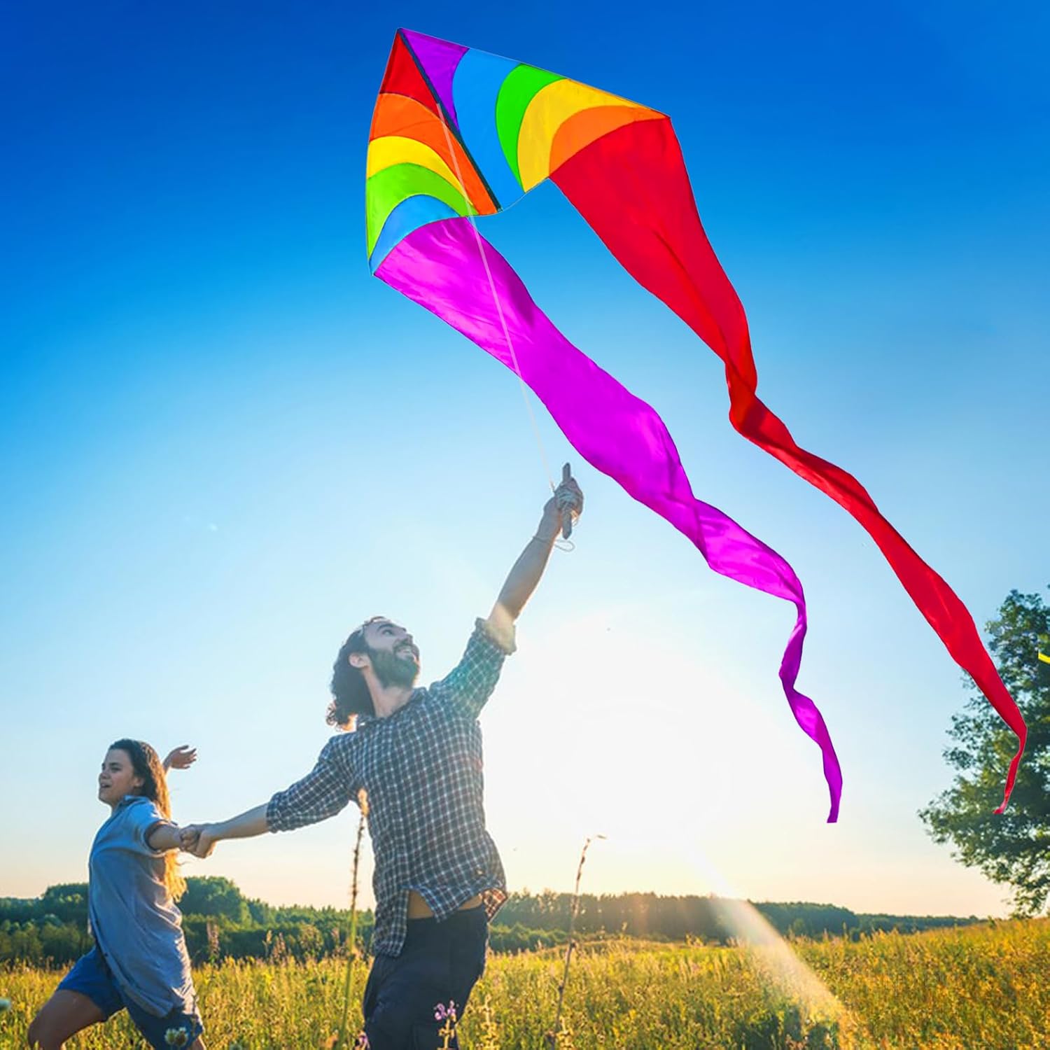 HENGDA KITE Colourful Triangle Kite with Two Tails for Kids Beginners and Adults Easy to Fly and Assemble Suitable for Outdoor Activities,Body 55x30 inch,Tail 97 inch (Style 2)