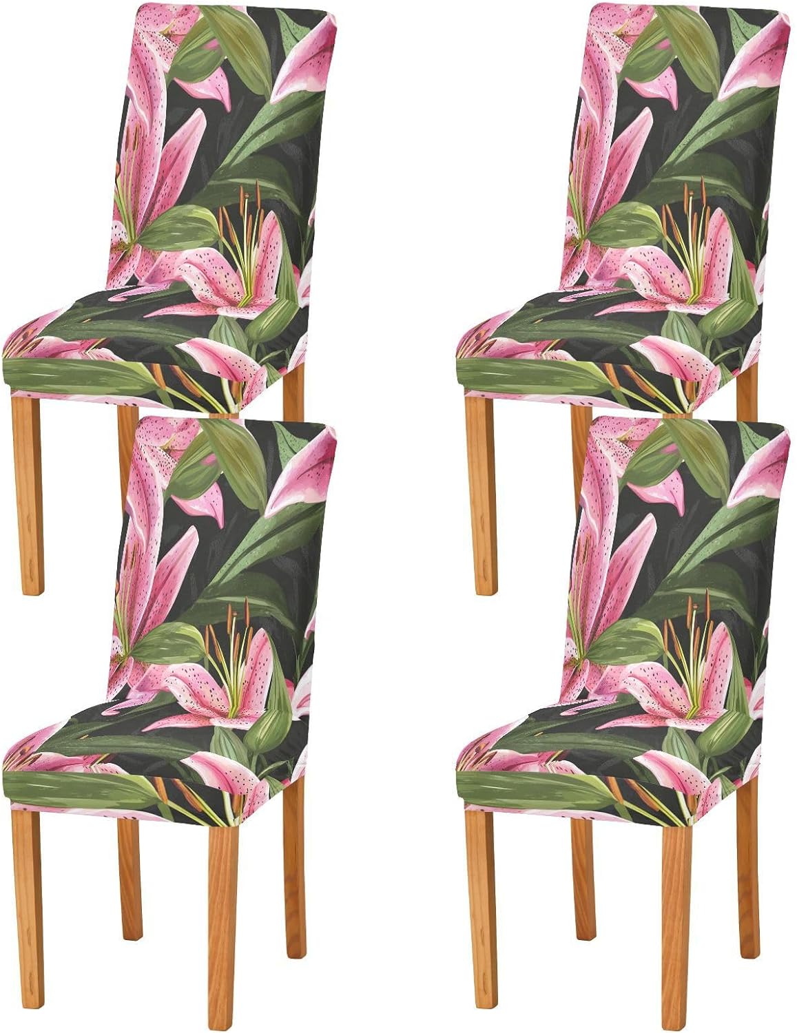 ALAZA Chair Covers for Dining Room, Beautiful Pink Lilies Flower Stretch Chair Cover Sets Chair Protector Removable Washable for Ktichen Restaurant Hotel