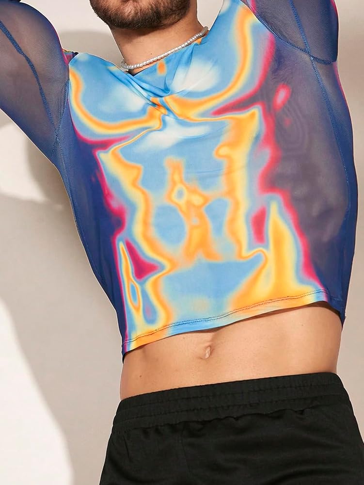 WDIRARA Men's Round Neck Long Sleeve Body Heat Map Print Marble