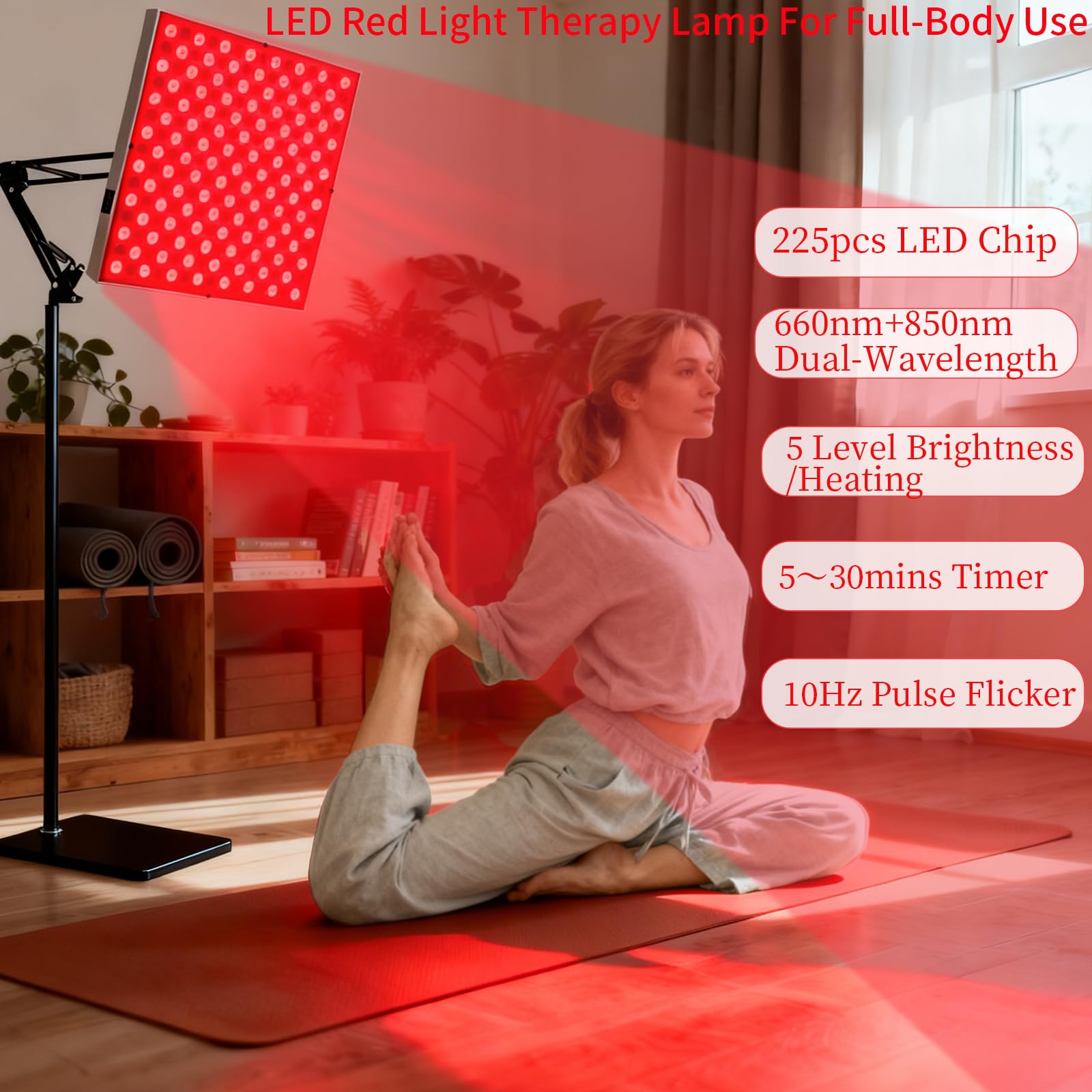 Lámpara de luz roja para cobertura corporal completa con panel infrarrojo, 225 LED de 660 nm y 850 nm, 31 x 31 cm, 5 niveles de brillo y 6 temporizadores, con modo de pulso de 10 Hz (Plata)