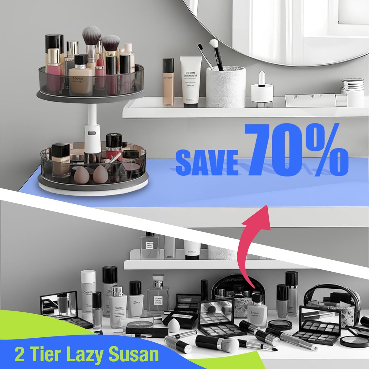 2 Tier Lazy Susan Turntable Organizer for Medicine Cabinet Bottle Pantry Countertop with Clear Large Spice Rack 11 Inch Grey