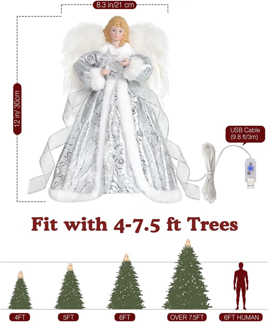 Luxspire 12'' Christmas Tree Topper, Lighted Christmas Angel Tree Topper,USB Plug-in Lights with Remote Control, Light up Vintage Modern Xmas Tree Ornaments Decoration for Home Party Decor,White Dress