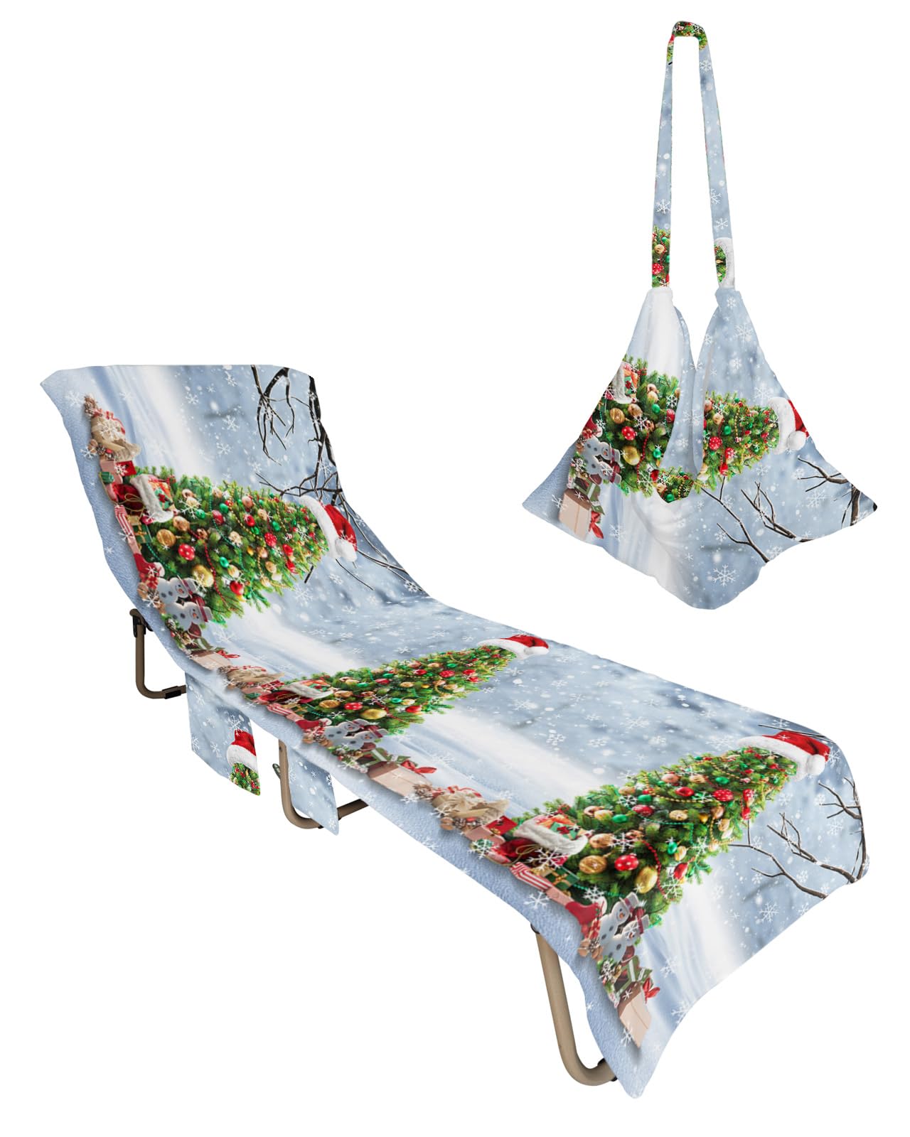 Christmas Tree Beach Lounge Chair Towel Cover, Soft Chaise Lounge Towel with Side Pockets Patio Pool Chairs Cover for Beach/Pool Sunbathing 29x85 Xmas Tree Balss Snowman Winter Snowflake