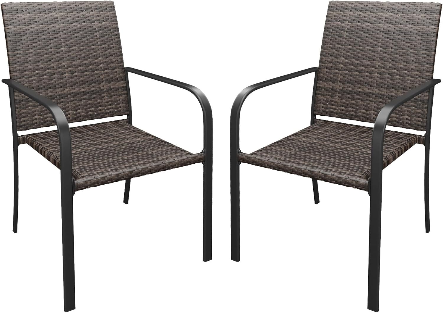 DIFY Rattan Outdoor Dining Chairs Set of 2, PE Wicker Stackable Patio Chairs with High Back and Armrest, Metal Frame for Garden, Balcony, Backyard, Deck, Brown Rattan