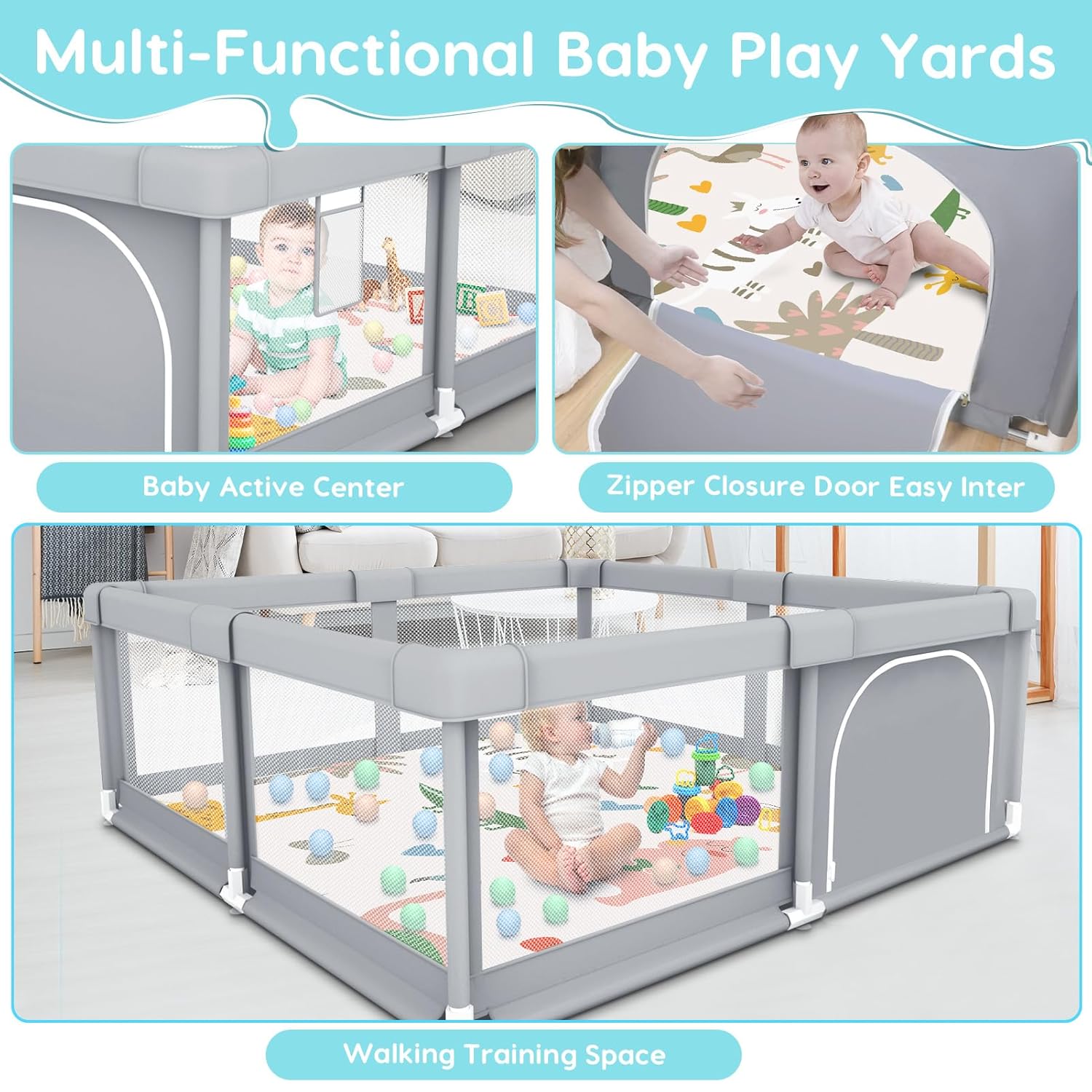 Baby Playpen with Mat, Baby Playpens for Babies and Toddlers, BabyFence Play Pen for Indoor & Outdoor, Sturdy Safety Play Yard with Soft Breathable Mesh, 50 * 50 * 27 inches Grey