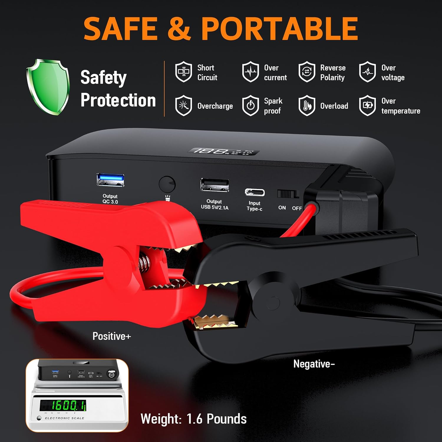 BOOKOO jump starter with icons representing various safety protections: Short Circuit, Over Current, Reverse Polarity, Over Voltage, Overcharge, Spark-proof, Overload, Over Temperature.