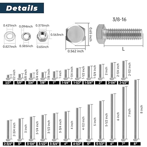 Vista 5 de 6 juegos de tornillos Glvaner de cabeza hexagonal de acero inoxidable de 3/8-16 x 2-3/4 pulgadas, tuercas, arandelas planas y de bloqueo, acero