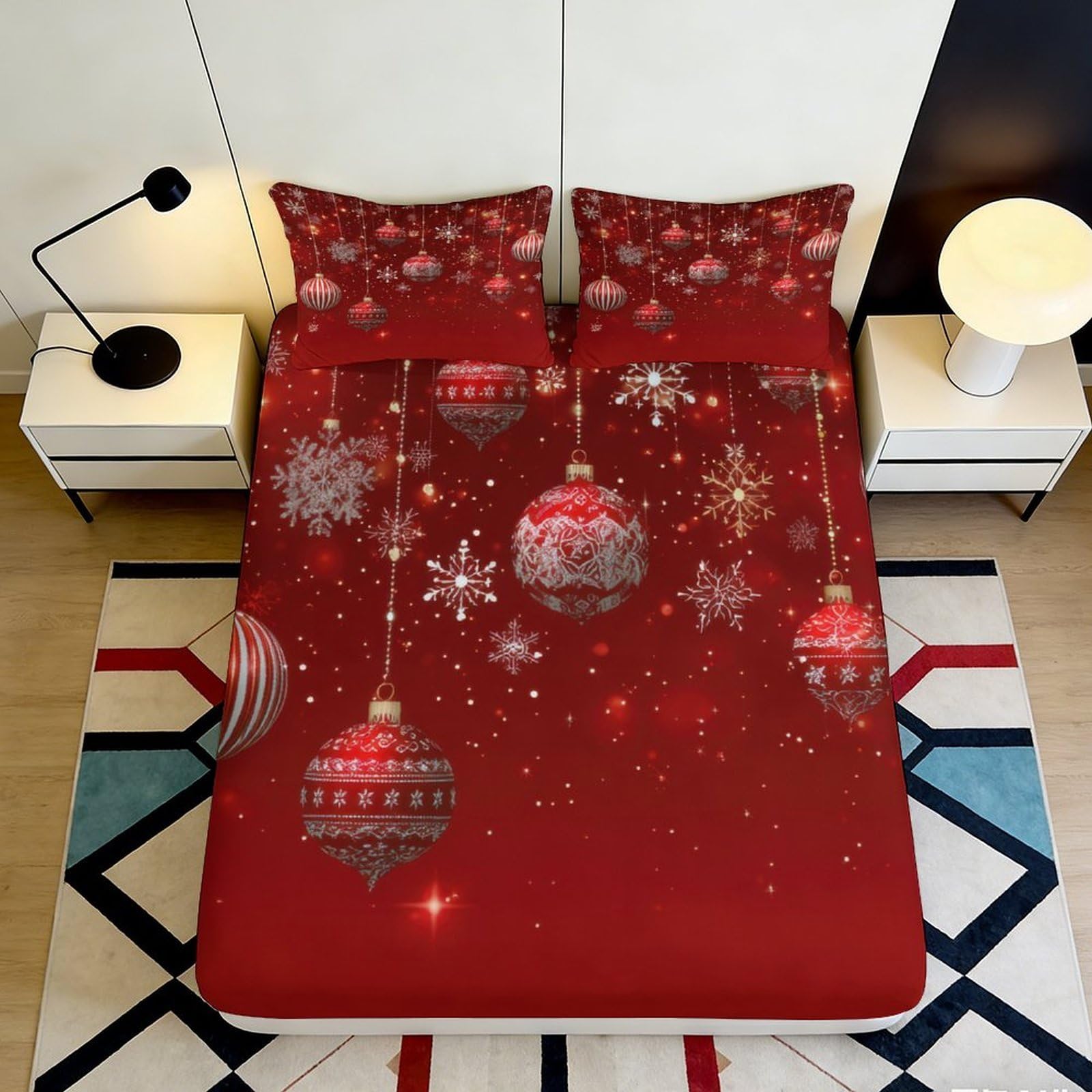 3D Printed Christmas Ornament Fitted Sheet Microfiber Red Snowflake Bed Cover for Bedroom Guest Room Decor 90x200x25cm