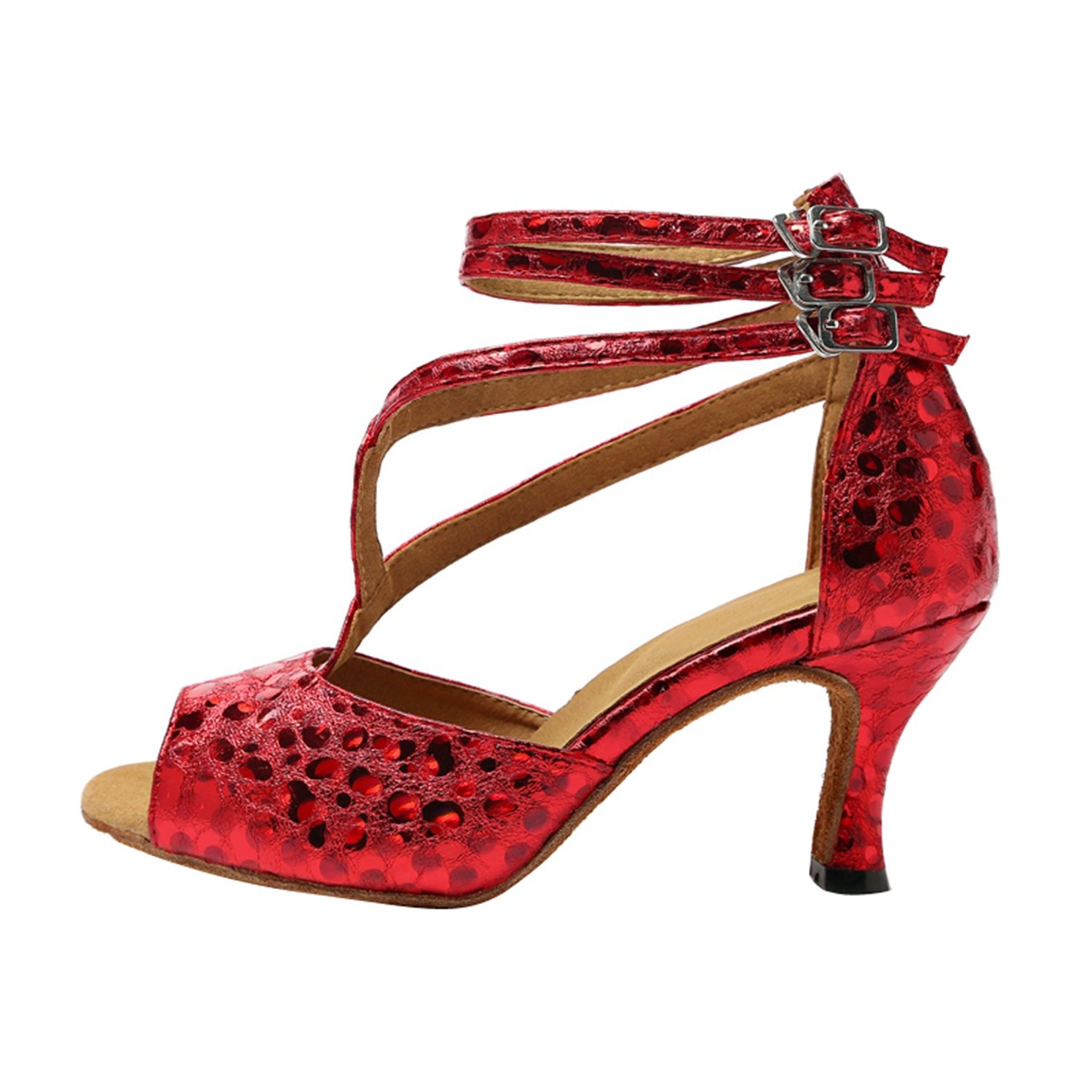 Minishion GL224 Women's Buckle Red Synthetic Latin Tango Ballroom Dance Shoes Wedding Prom Sandals 5 US