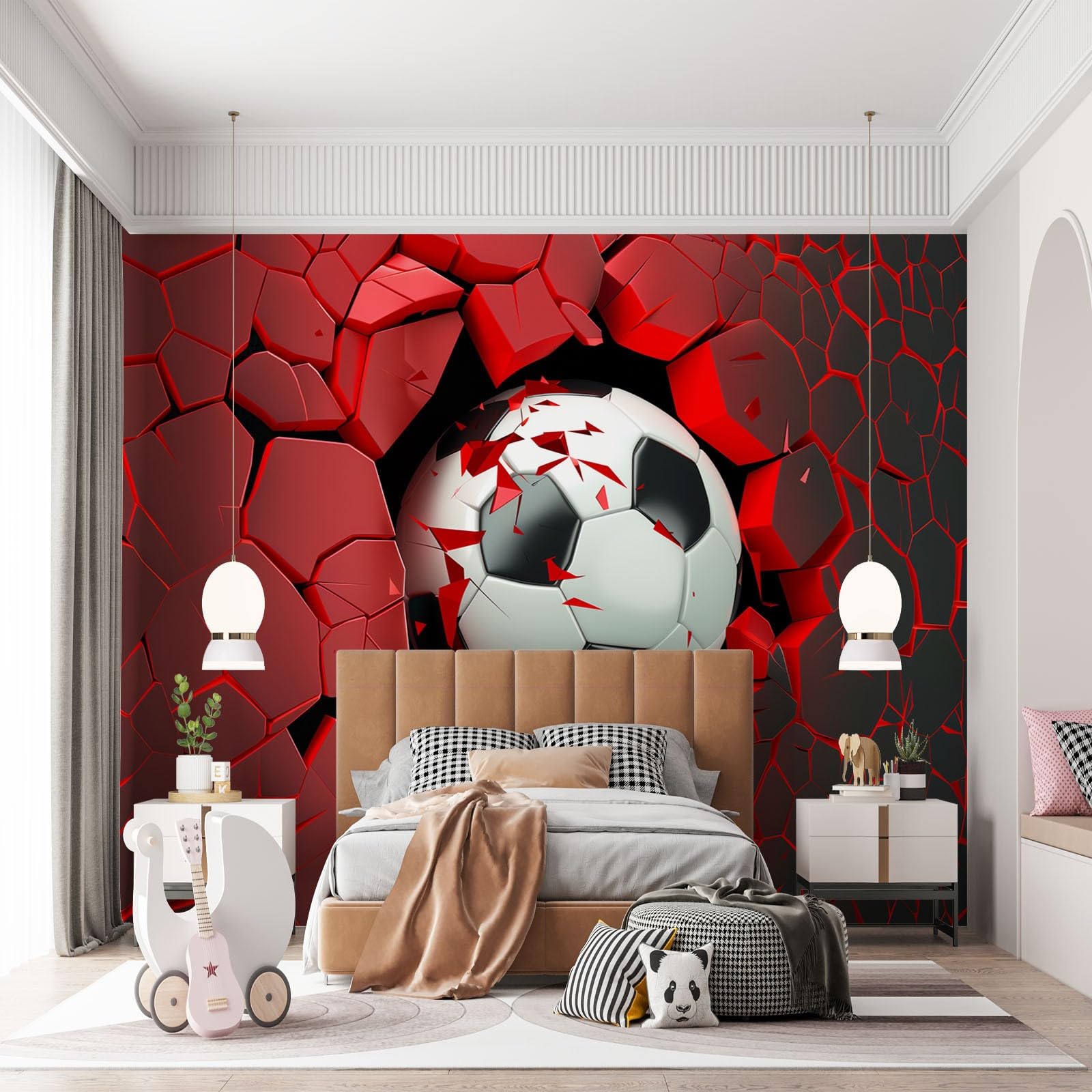 3D Tapete 3D-Sport Fußball Fototapete, 300 x 210 cm (WxH) Wandbild Wandtapete Dekorationen, für Wohnzimmer Schlafzimmer Büro, Flur, Rot Vlies Tapete Wanddeko