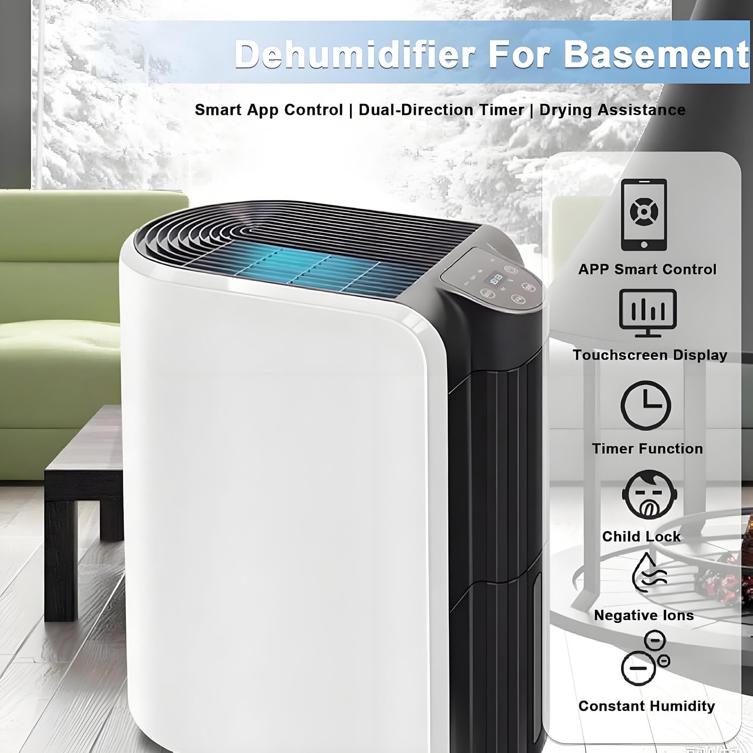 Osuszacz powietrza do całego domu, wydajność 20 l/dzień, zasięg 35 m², inteligentne sterowanie aplikacją (2,4 GHz i 5 GHz), energooszczędny 280W, ciągły drenaż, przenośny z kółkami 360°
