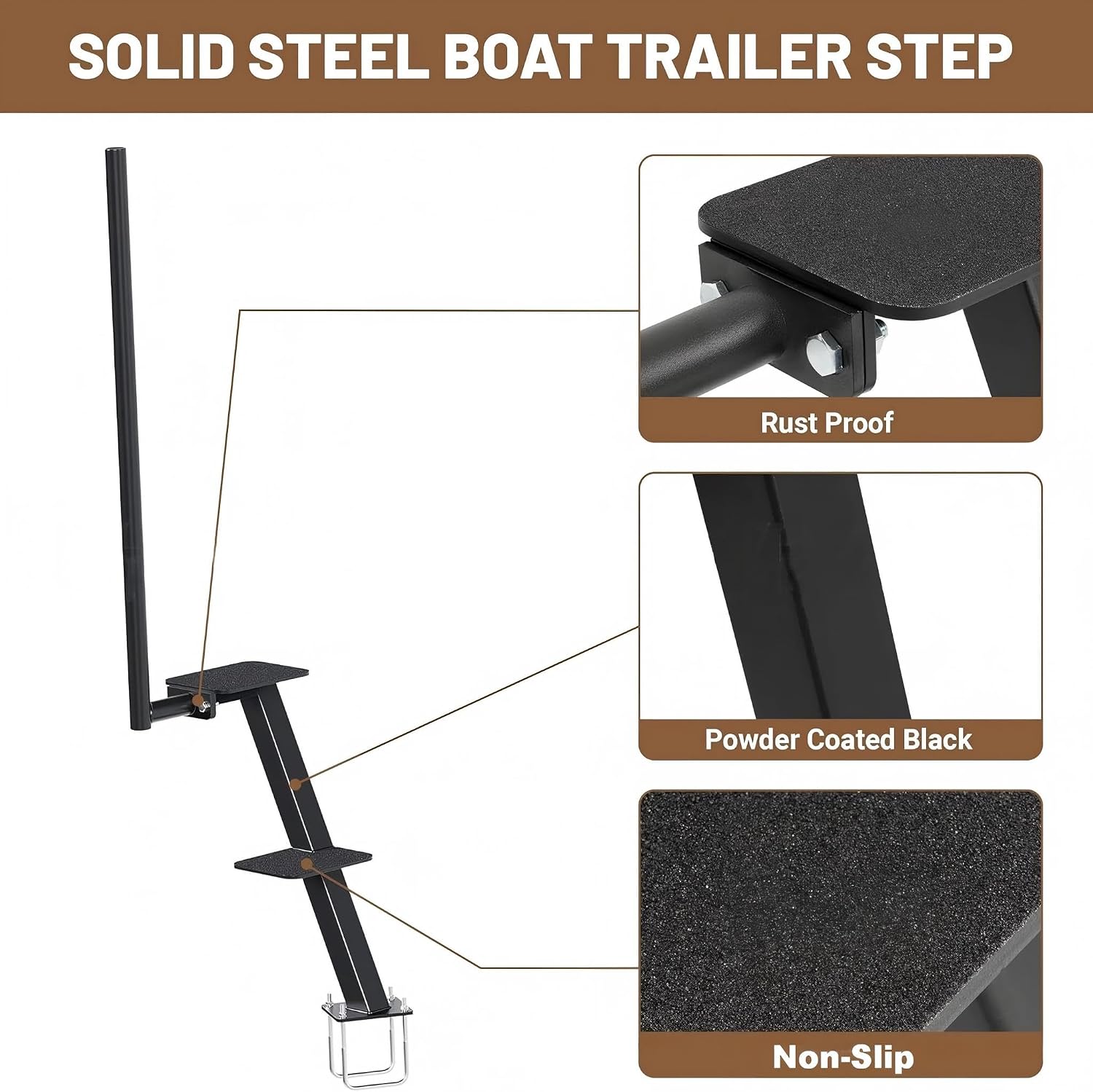 Boat Trailer Steps with Safety Handle, Non-Slip 450lb HD