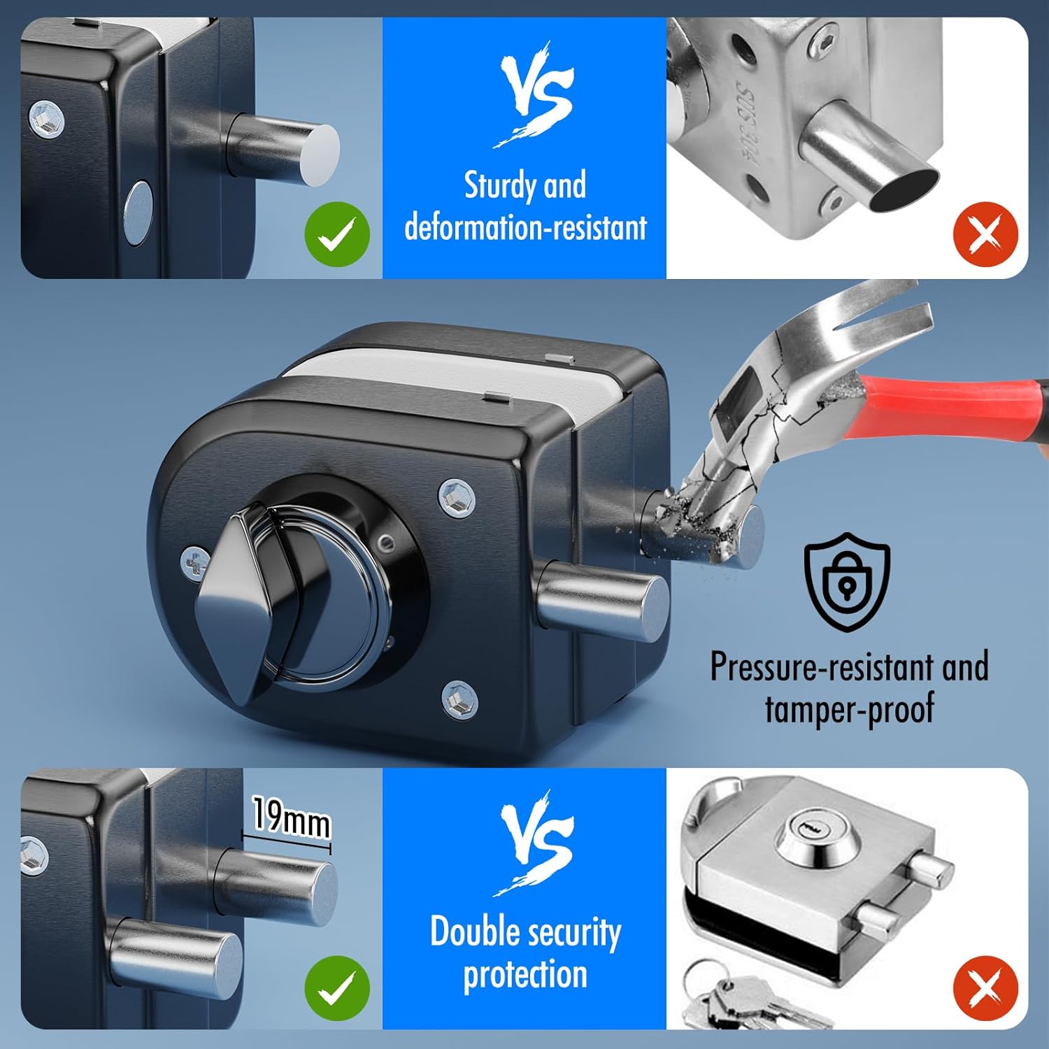 Ranbo Frameless Double-Sided Glass Door Lock,Clamp-On No-Drill,304 Stainless Steel,for 3/8"–1/2" (10–12 mm) Swing Door, for Office, Entrance, Storefront, 2 Keys, Brushed Black