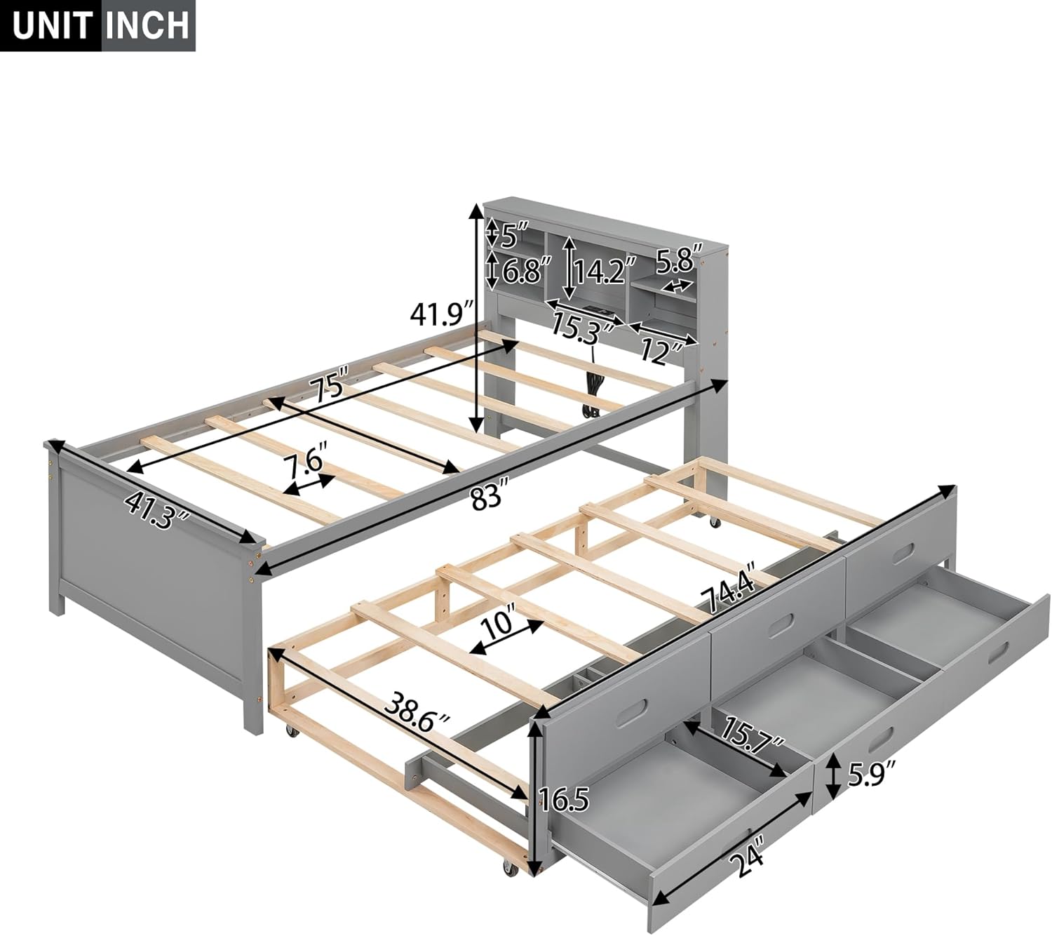 Solid Wood Twin Size Platform Bed with Multi-Functional Headboard, Platform Bed Captain's Bed Frame with Twin Size Trundle and 3 Drawers, Sturdy Slatted Support for Bedroom Guest Room